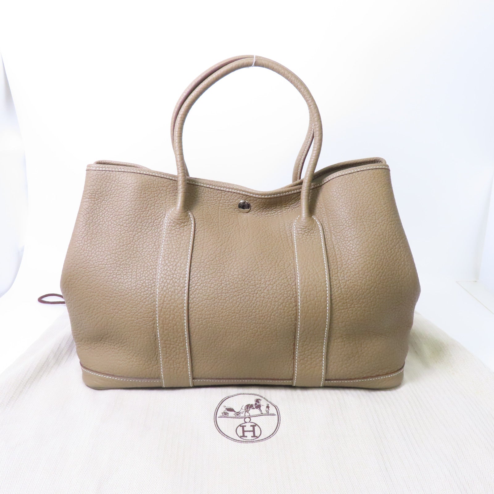 HERMES Negonda皮革GardenParty PM銀扣手挽袋Etoupe/灰色