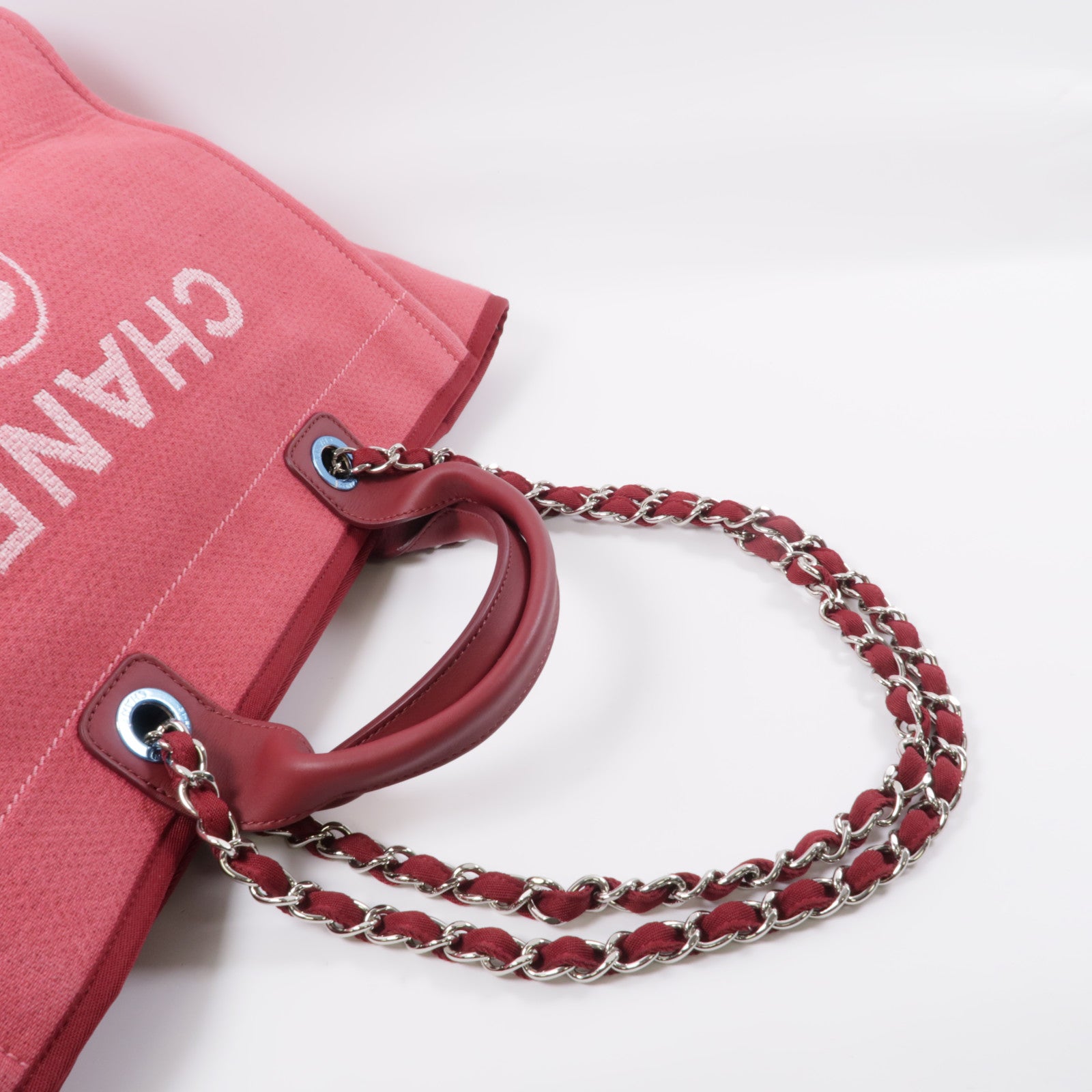 CHANEL 帆布Deauville Tote銀扣手挽肩背兩用袋紅色