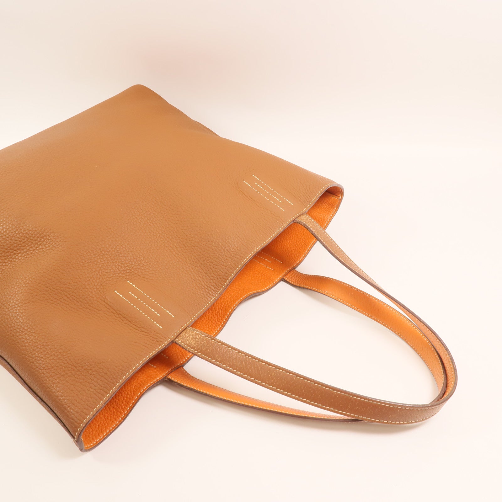 HERMES Clemence皮革Double Sens手挽袋Gold/Orange