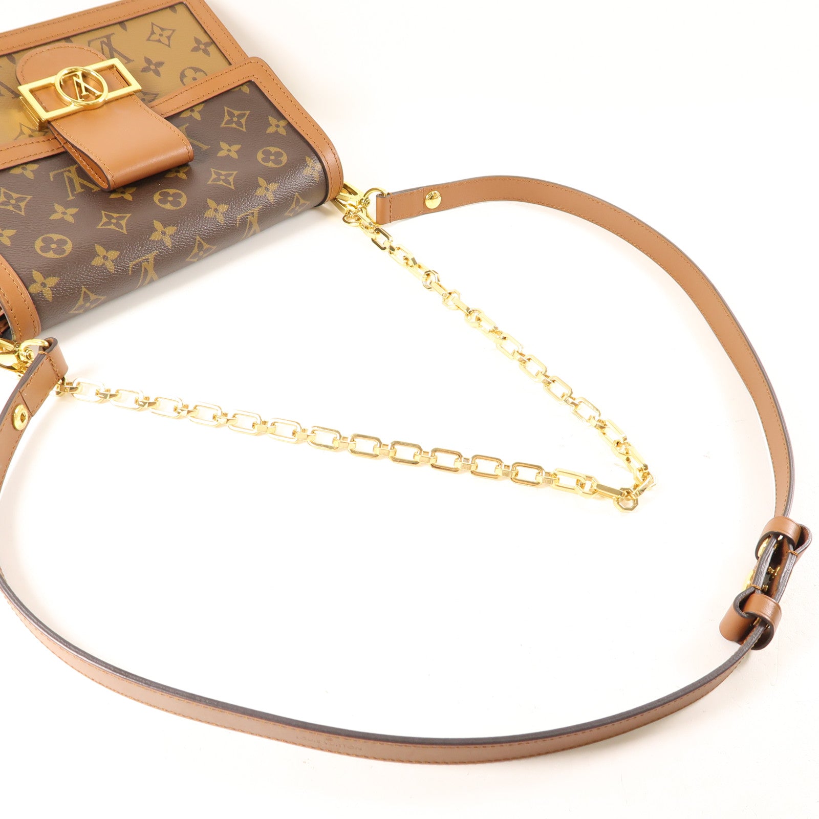 LOUIS VUITTON Monogram/Monogram Reverse Dauphine MM金扣手挽肩背兩用袋棕色