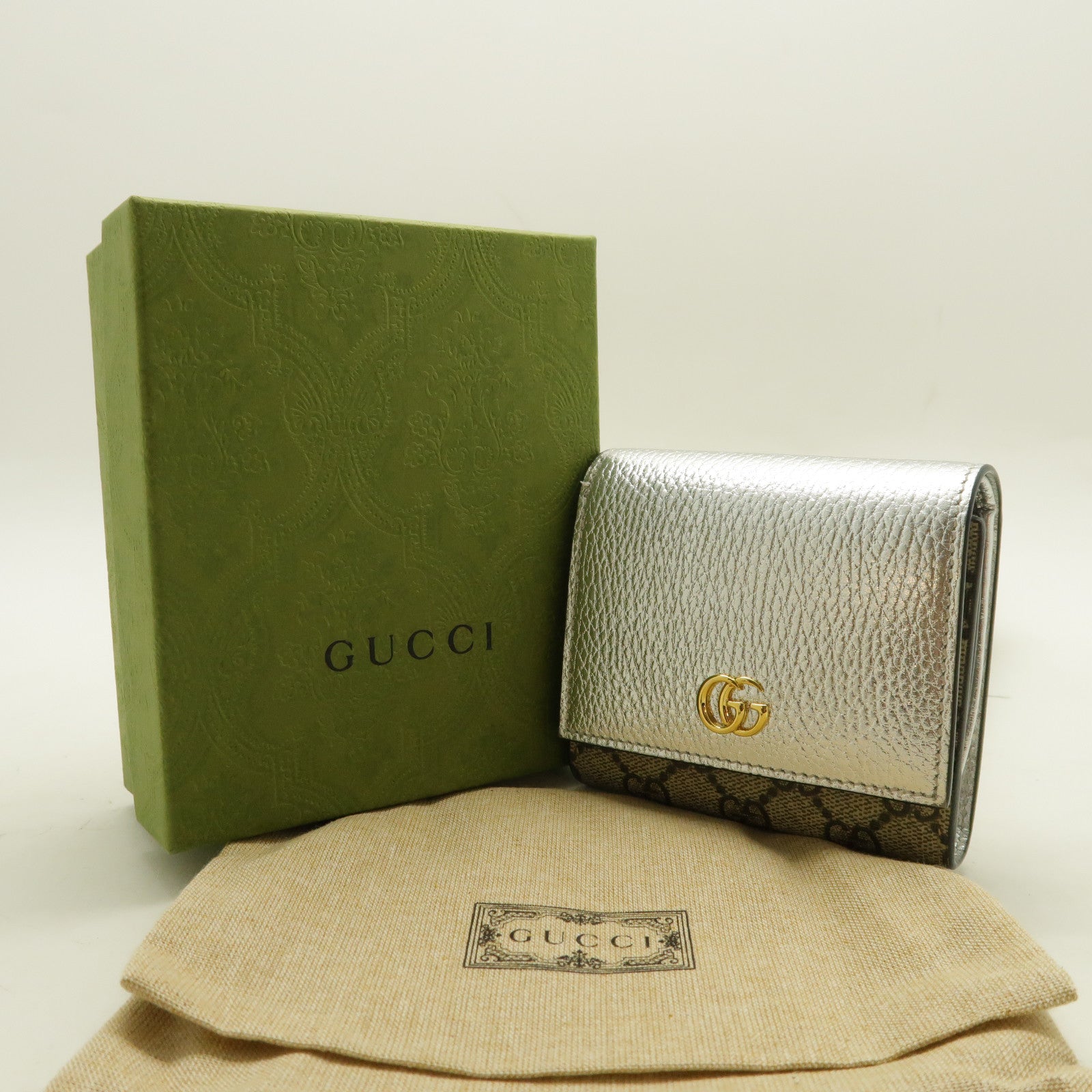 GUCCI 塗層帆布/皮革Wallet金扣錢包銀色