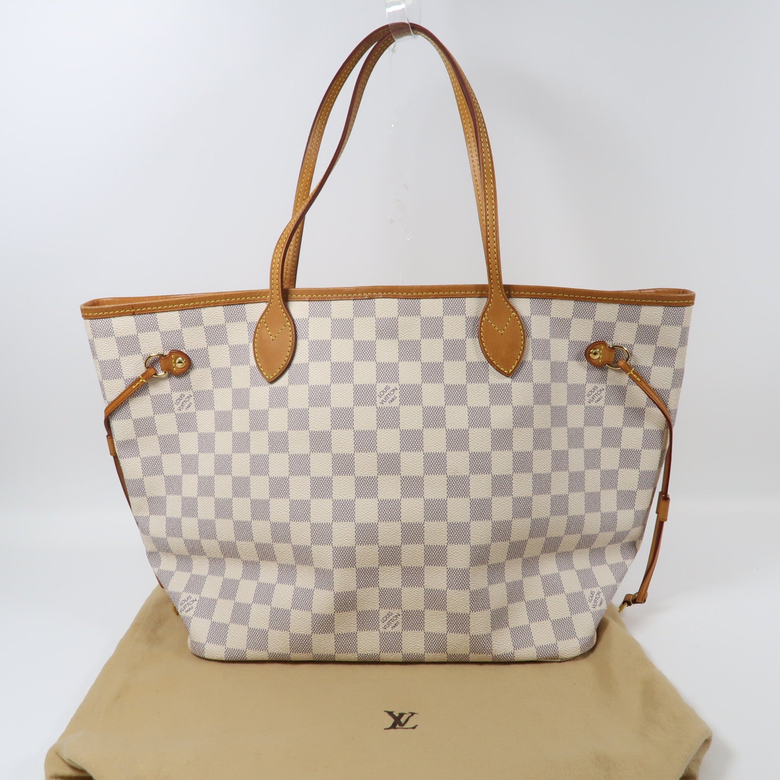 LOUIS VUITTON Damier Azur Neverfull MM金扣手挽袋白色