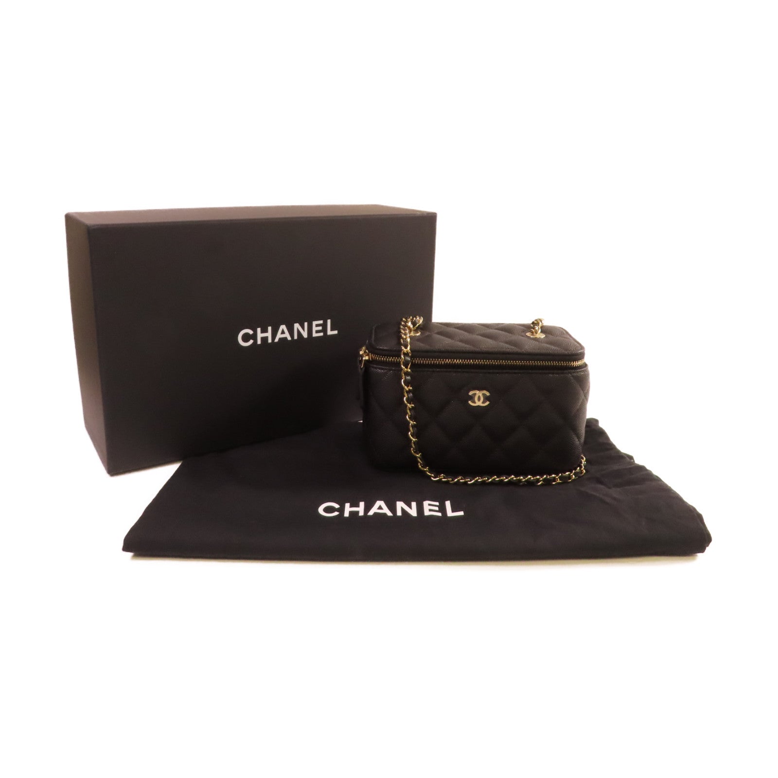 CHANEL 菱格Caviar皮革Vanity Case Shoulder Bag金扣鏈帶肩背袋黑色