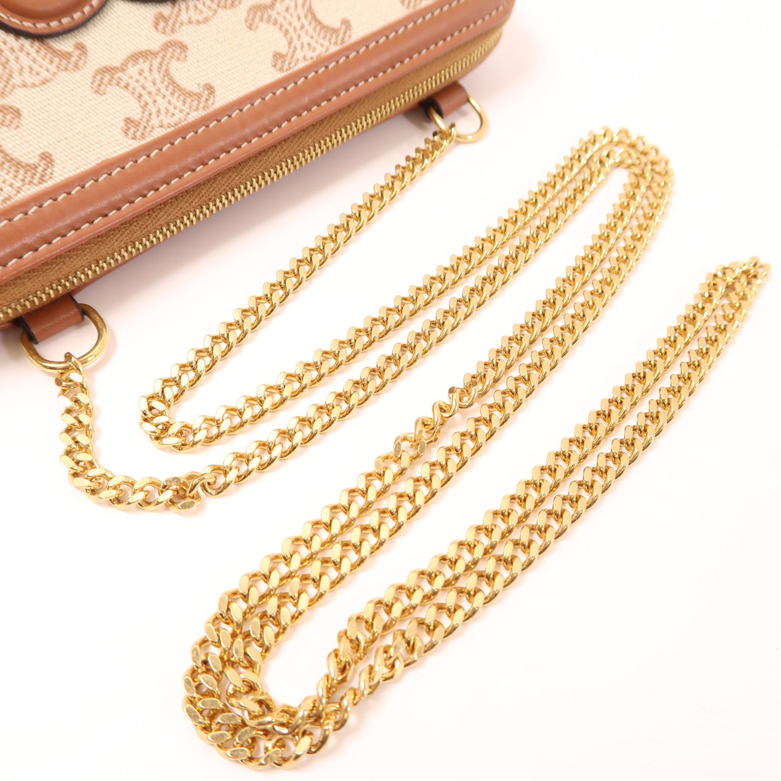 CELINE 帆布/皮革Chain Shoulder金扣鏈帶肩背袋白色/棕色