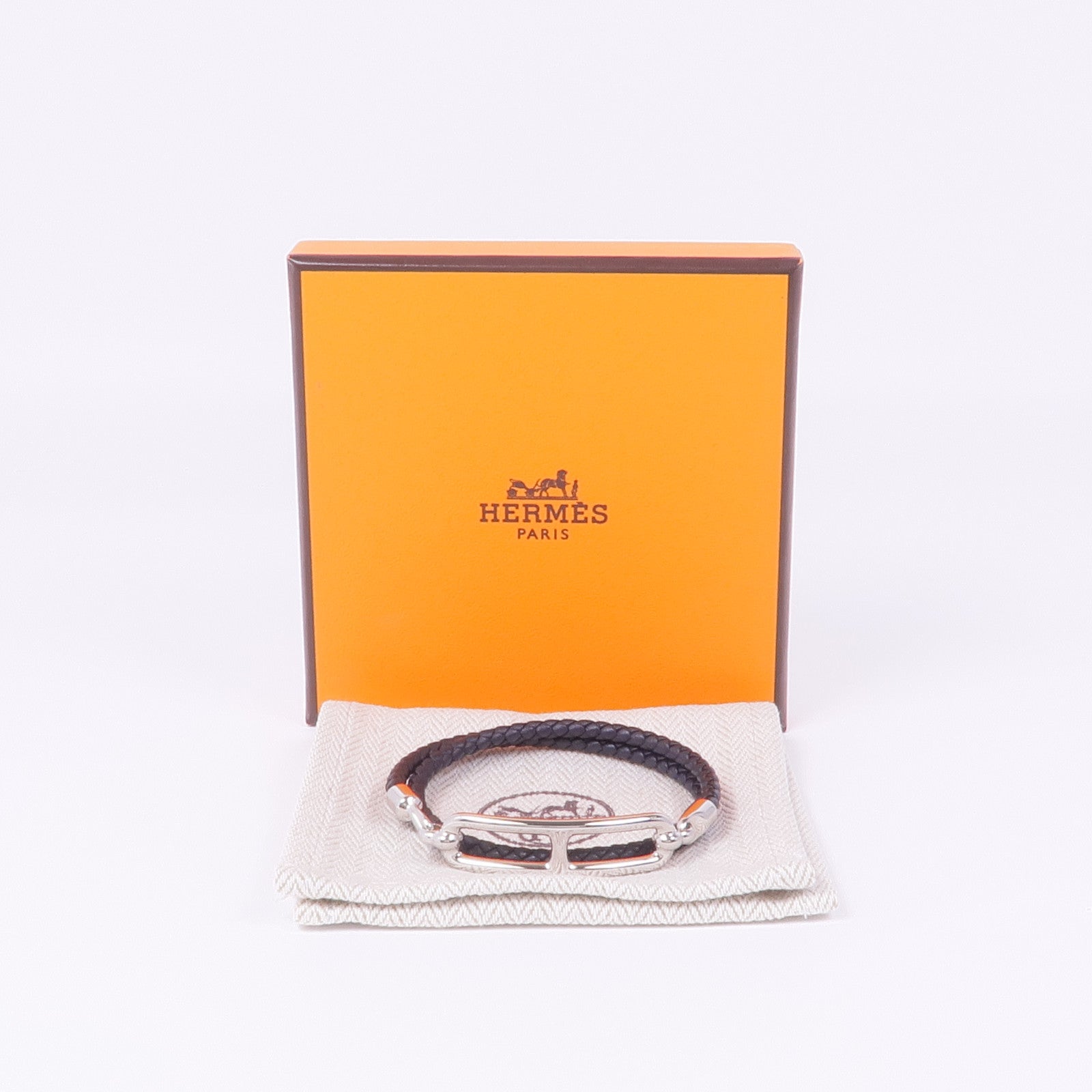 HERMES Swift皮革Roulis Double Tour Bracelet銀扣手帶Noir