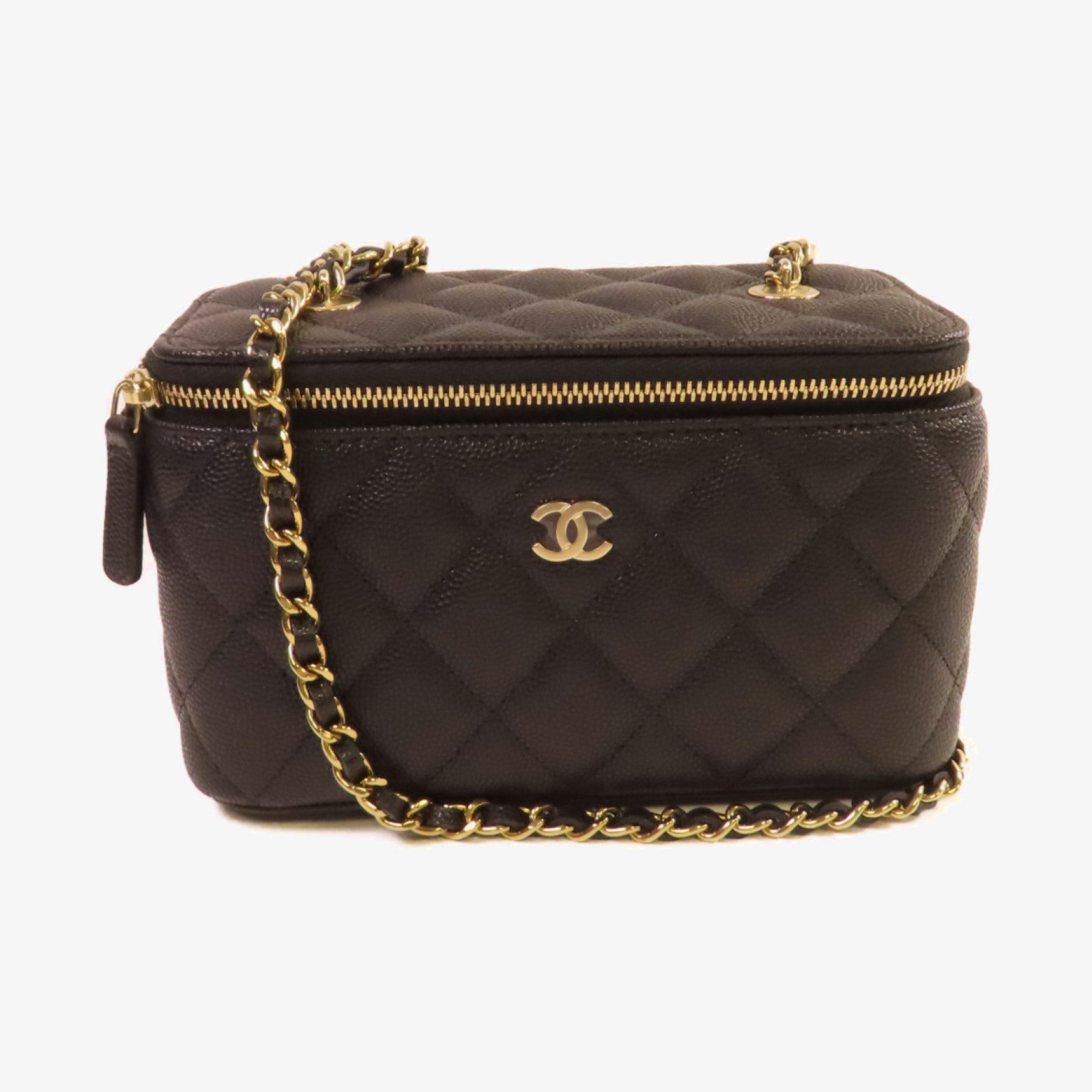 CHANEL 菱格Caviar皮革Vanity Case Shoulder Bag金扣鏈帶肩背袋黑色