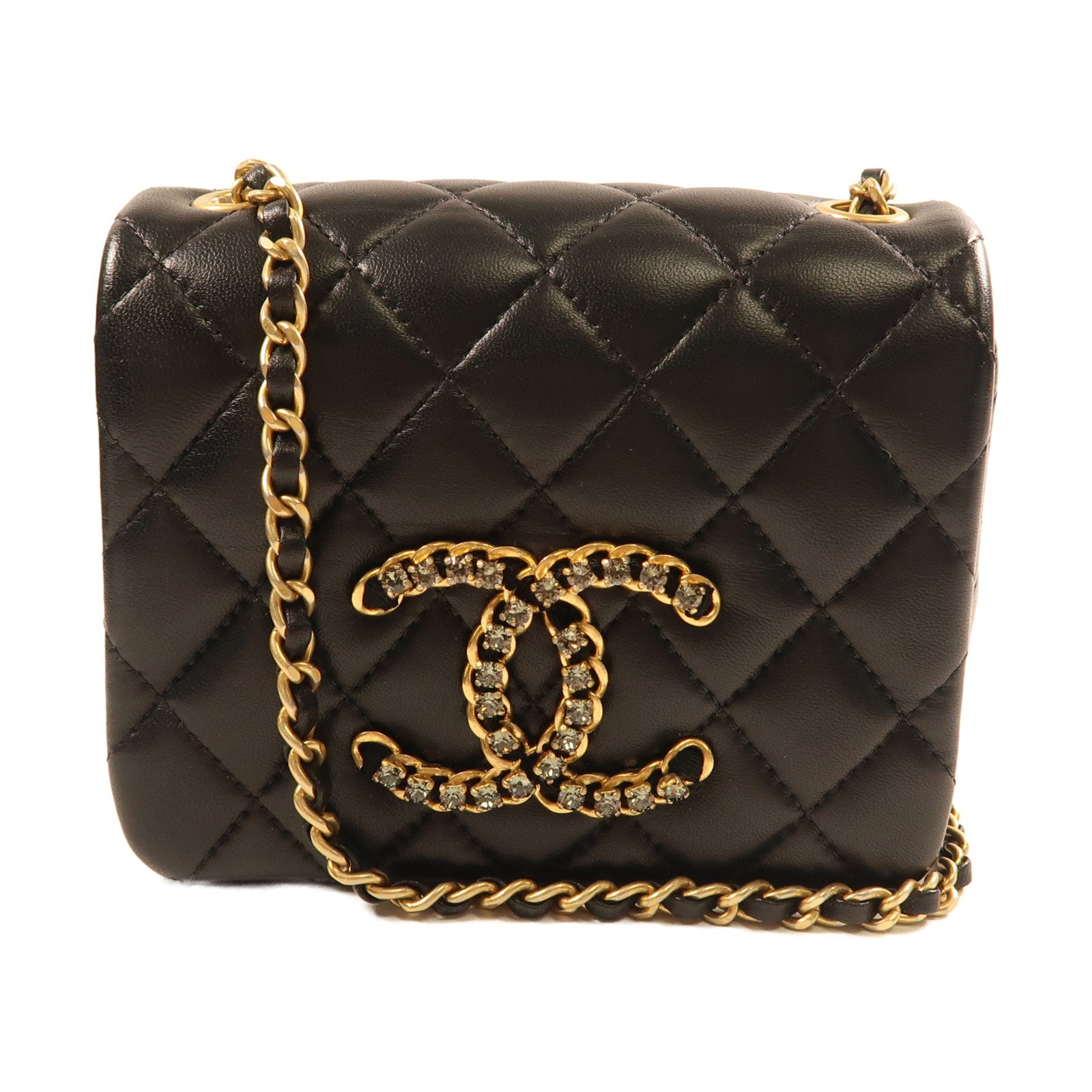 CHANEL 羊皮皮革Chain Shoulder金扣鏈帶肩背袋黑色