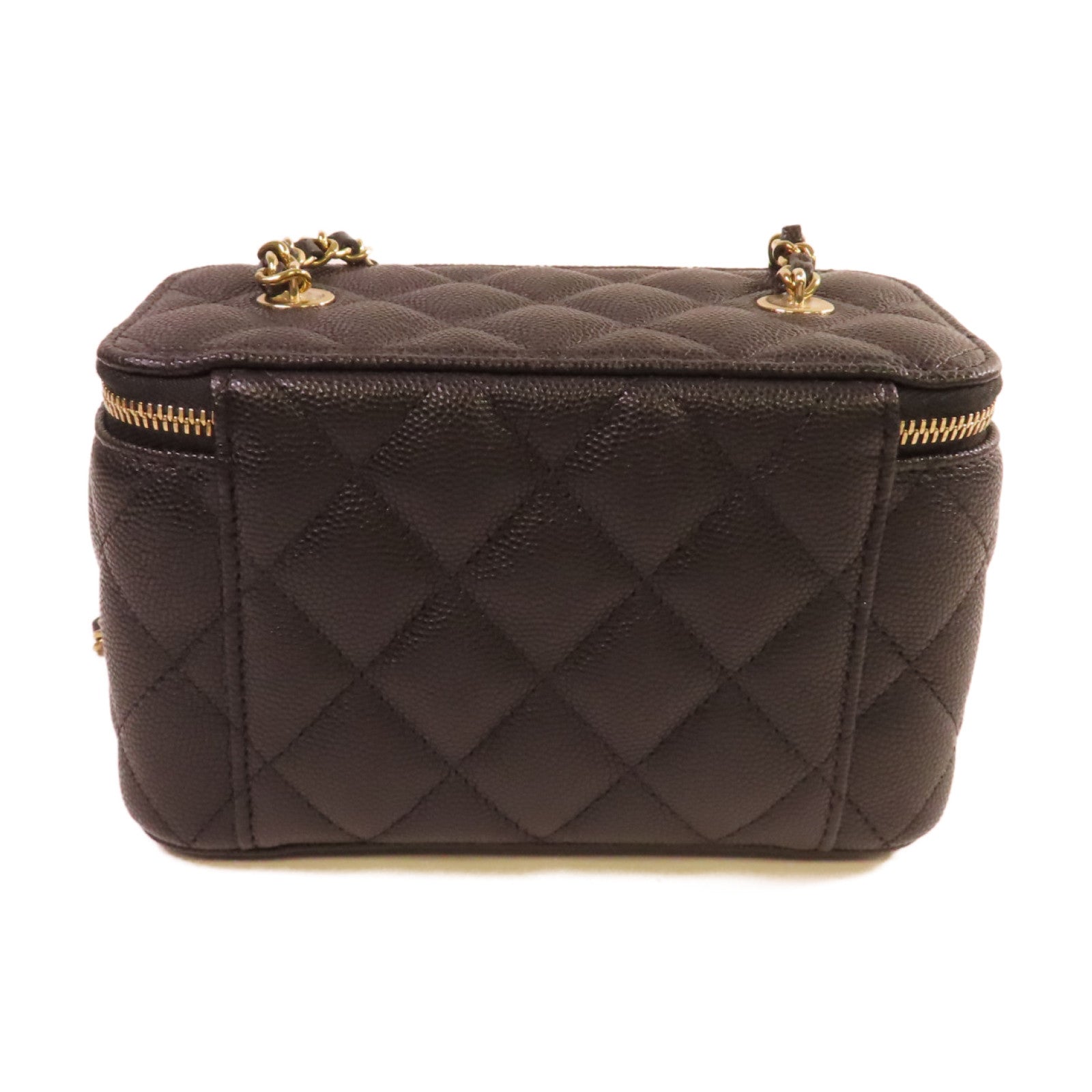 CHANEL 菱格Caviar皮革Vanity Case Shoulder Bag金扣鏈帶肩背袋黑色