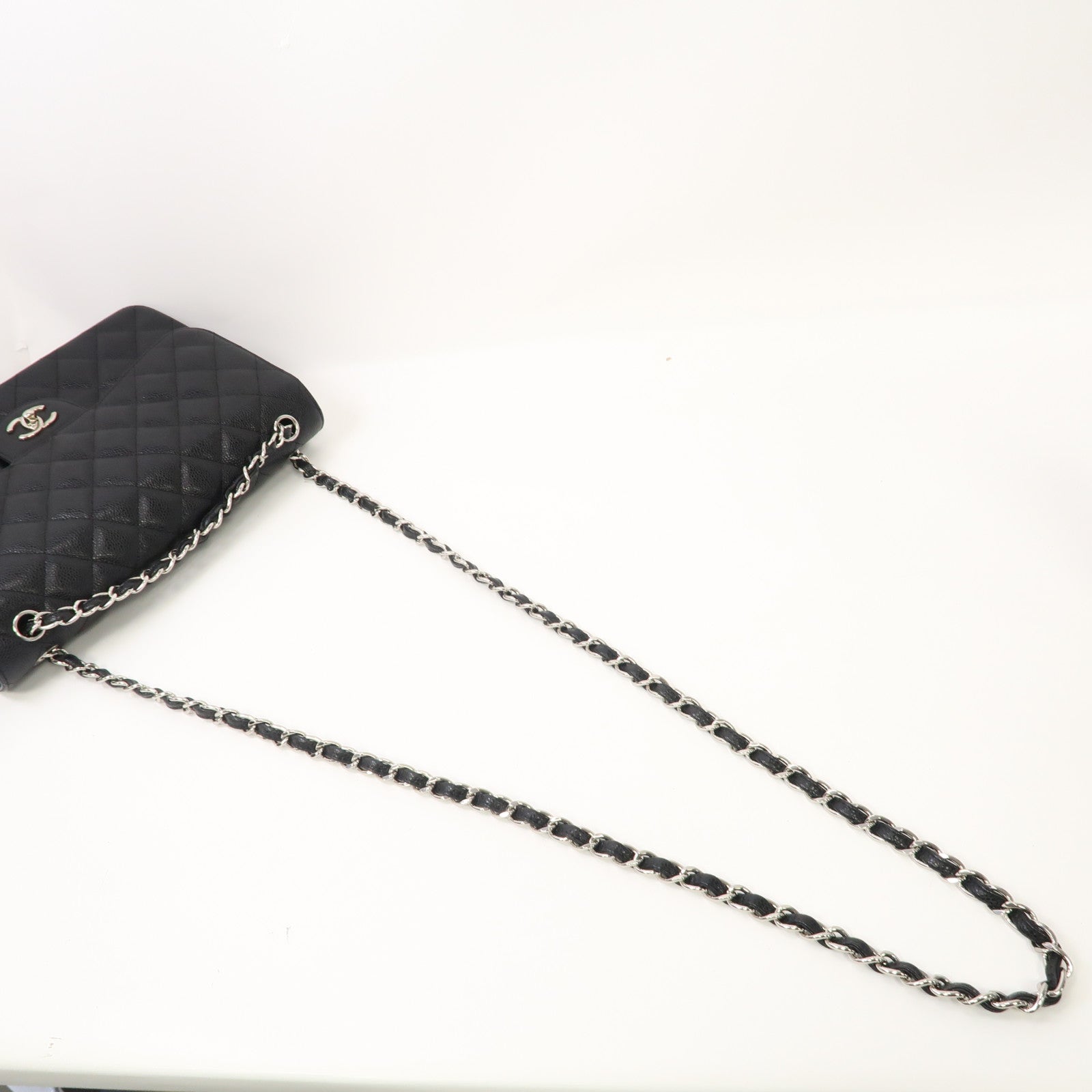 CHANEL 【激減優惠】菱格Caviar皮革Jumbo銀扣鏈帶肩背袋黑色