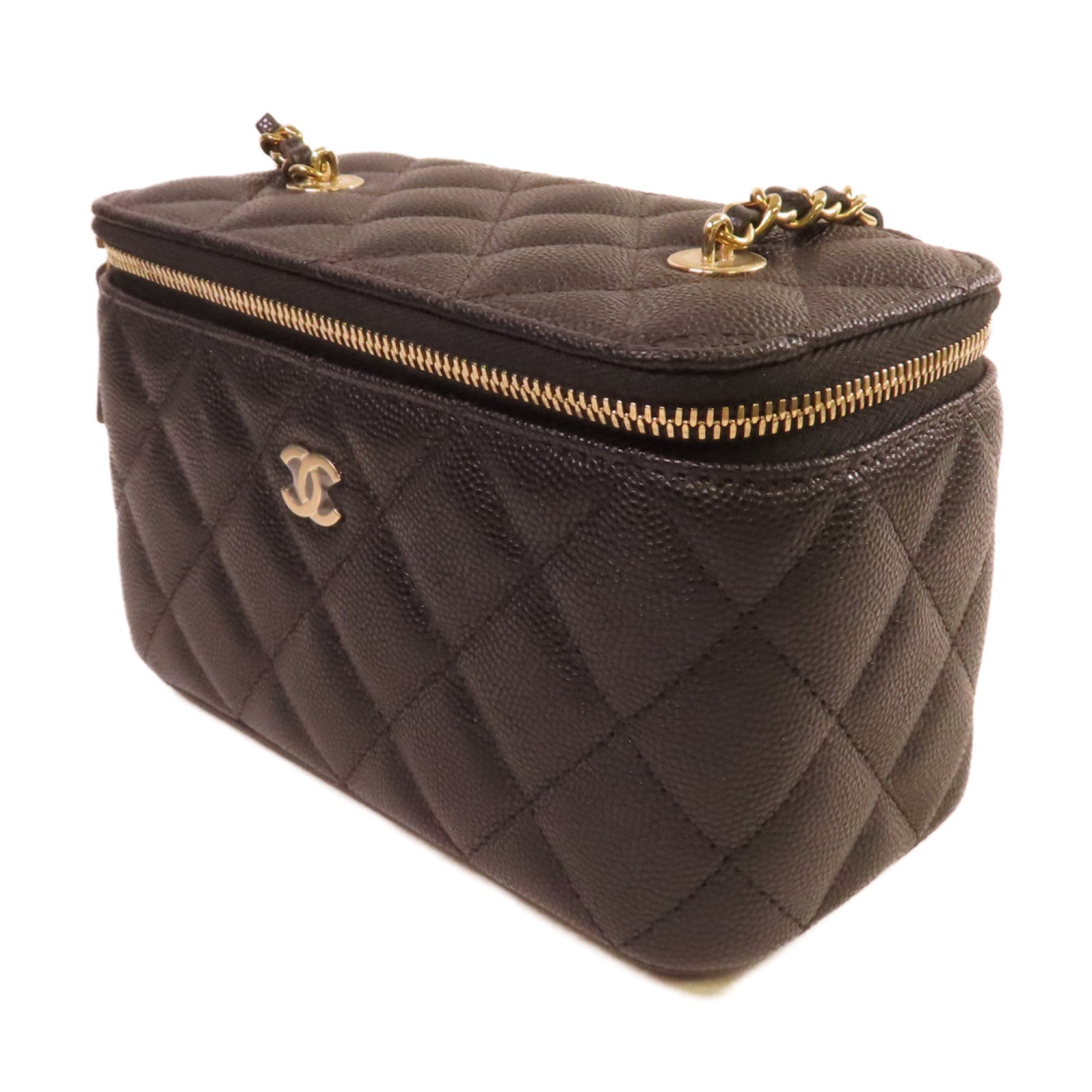 CHANEL 菱格Caviar皮革Vanity Case Shoulder Bag金扣鏈帶肩背袋黑色