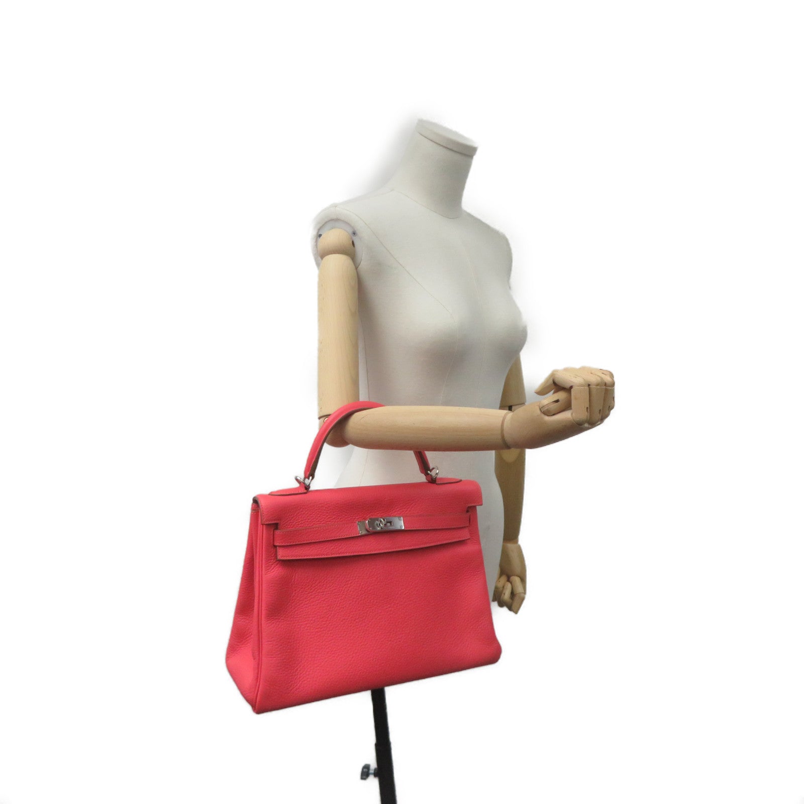 HERMES Clemence Leather Kelly 32 2Way Handbag Silver Buckle Handle Shoulder Backpack T5 Pink