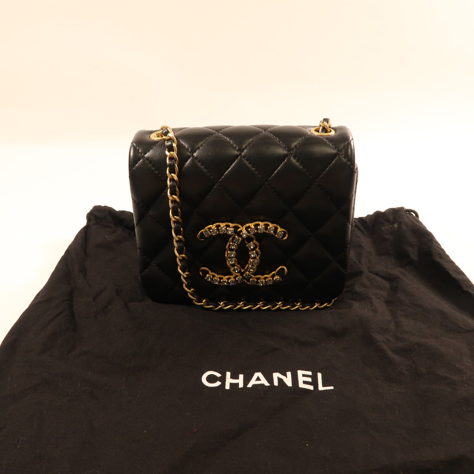 CHANEL 羊皮皮革Chain Shoulder金扣鏈帶肩背袋黑色