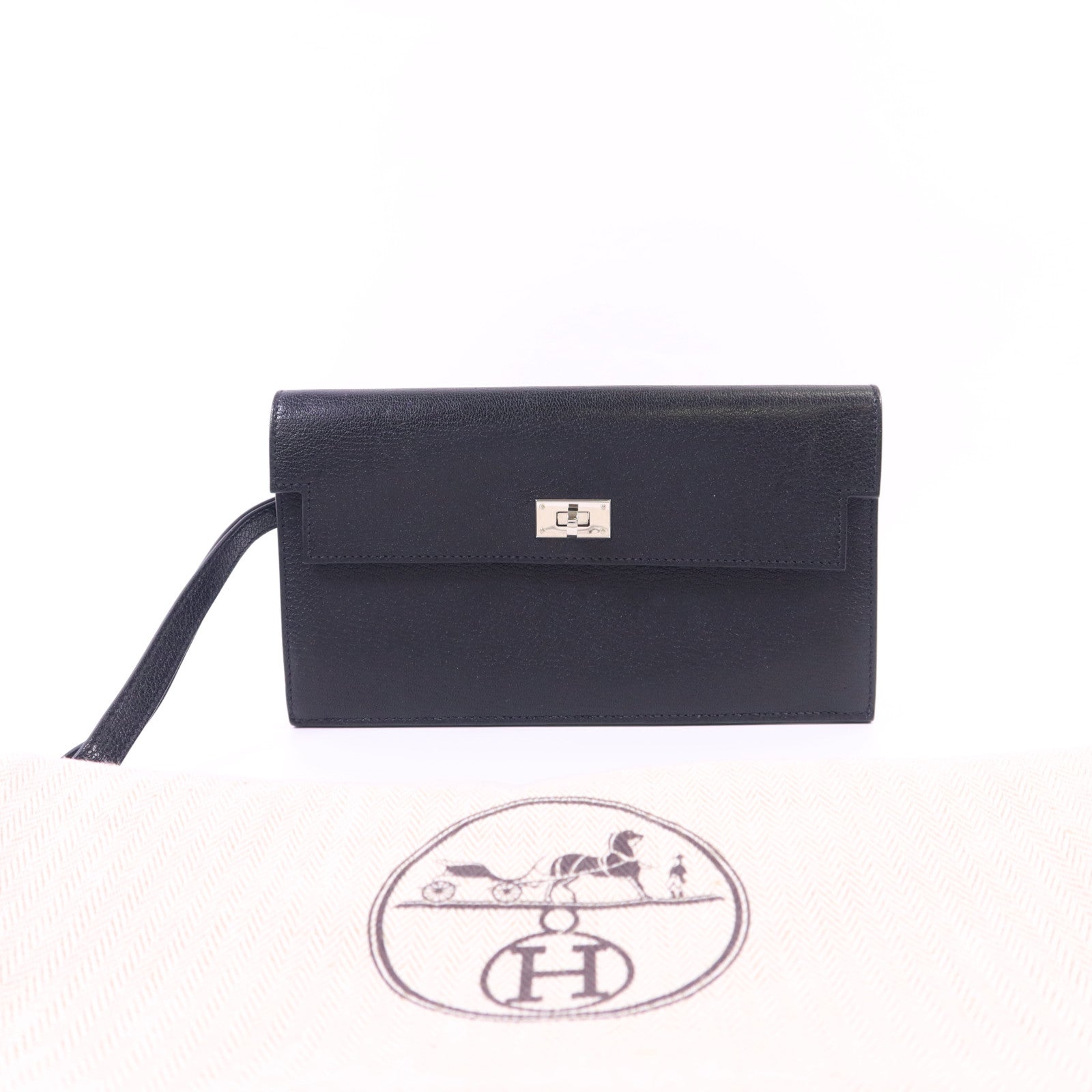 HERMES Chevre皮革Kelly Pocket Long Bifold Wallet銀扣長錢包Noir