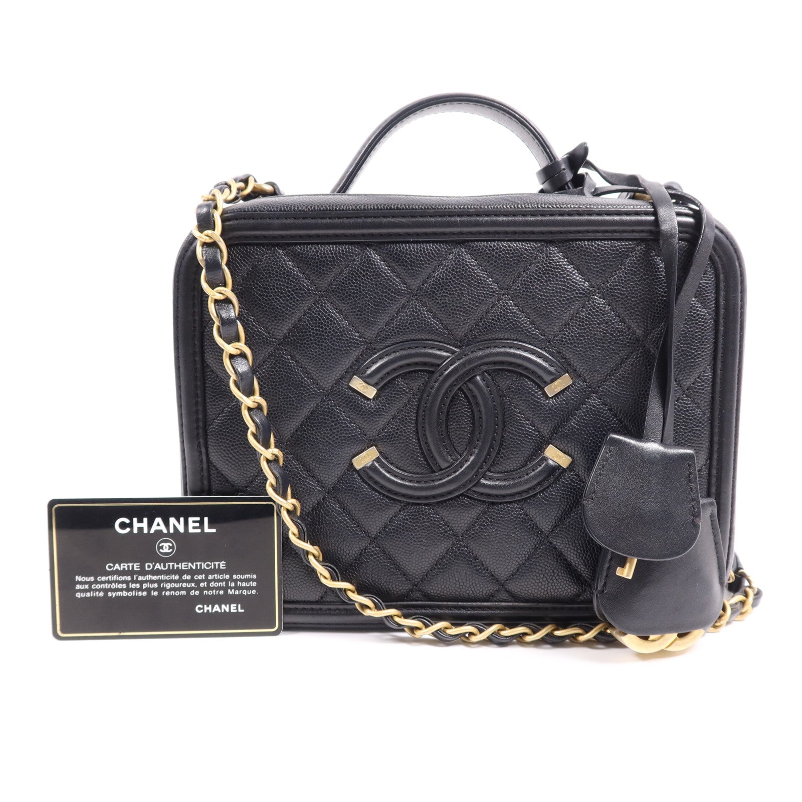 CHANEL 牛皮皮革Filigree Vanity Case金扣鏈帶手挽肩背兩用袋