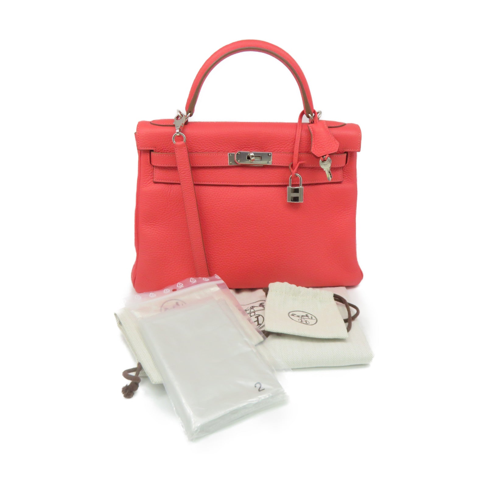 HERMES Clemence Leather Kelly 32 2Way Handbag Silver Buckle Handle Shoulder Backpack T5 Pink