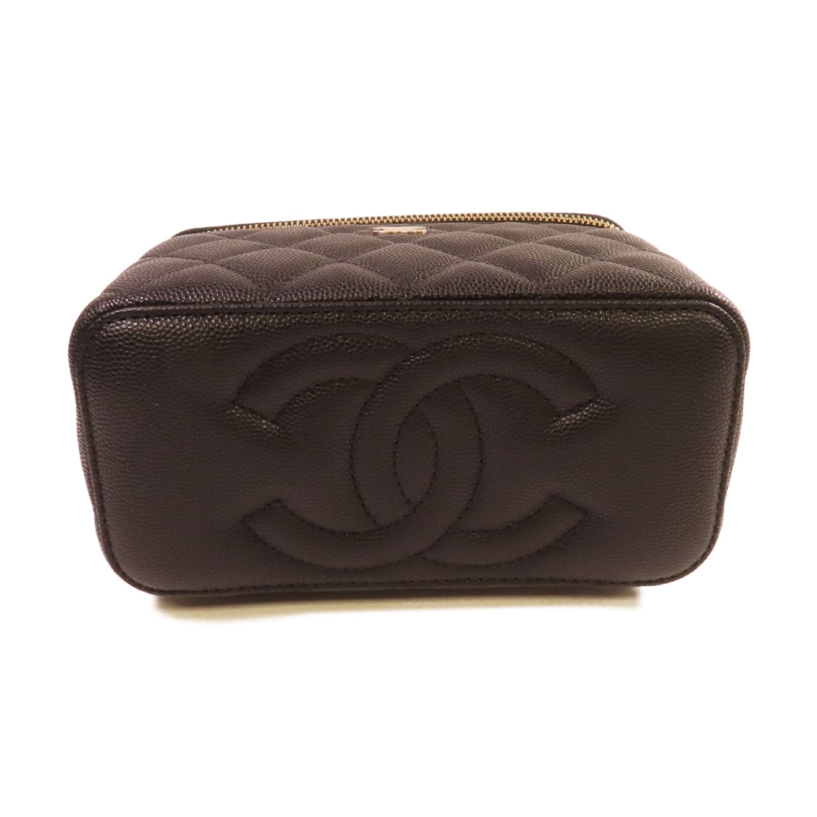 CHANEL 菱格Caviar皮革Vanity Case Shoulder Bag金扣鏈帶肩背袋黑色