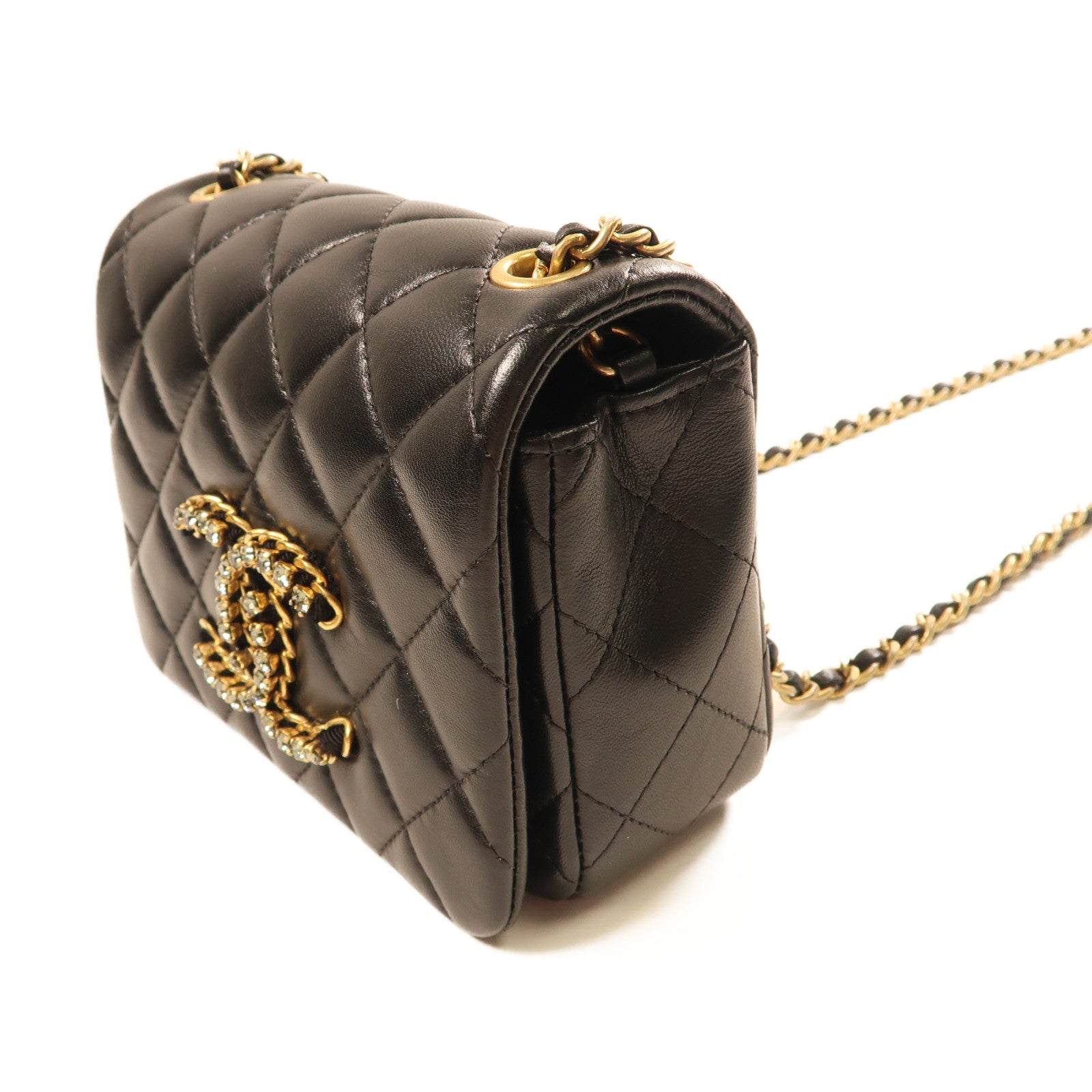CHANEL 羊皮皮革Chain Shoulder金扣鏈帶肩背袋黑色