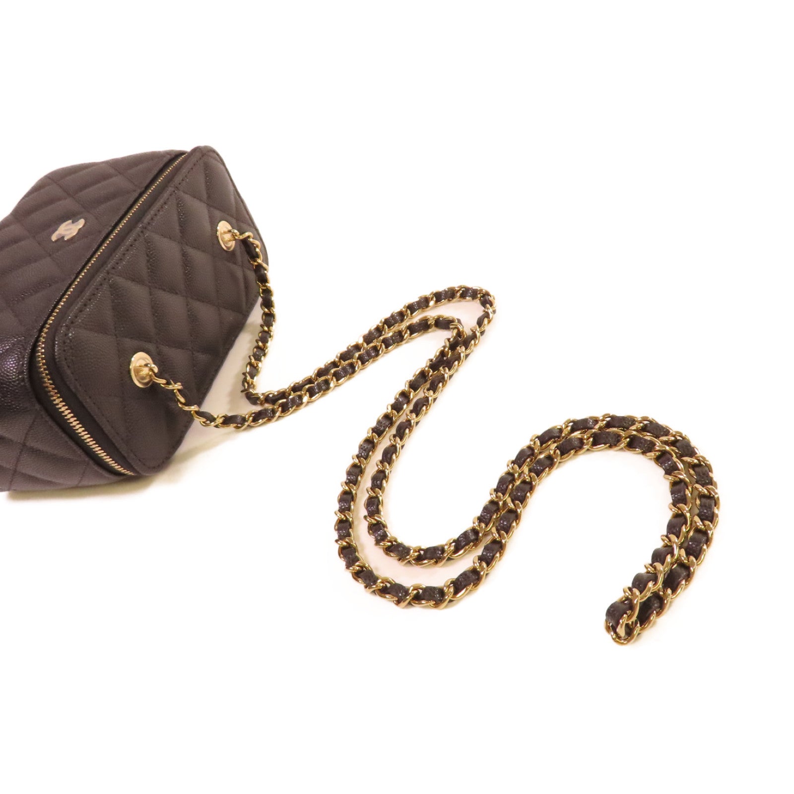 CHANEL 菱格Caviar皮革Vanity Case Shoulder Bag金扣鏈帶肩背袋黑色