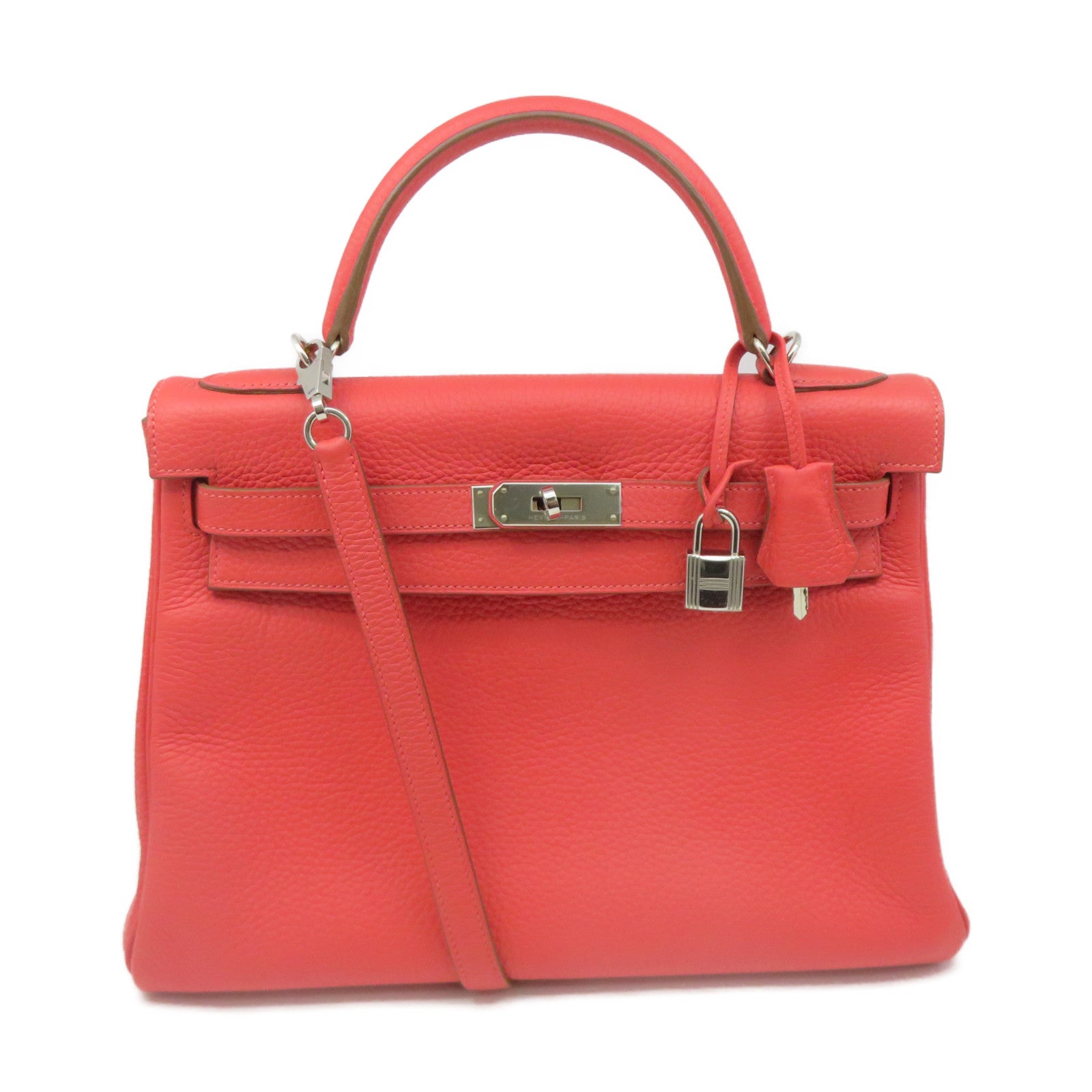 HERMES Clemence Leather Kelly 32 2Way Handbag Silver Buckle Handle Shoulder Backpack T5 Pink
