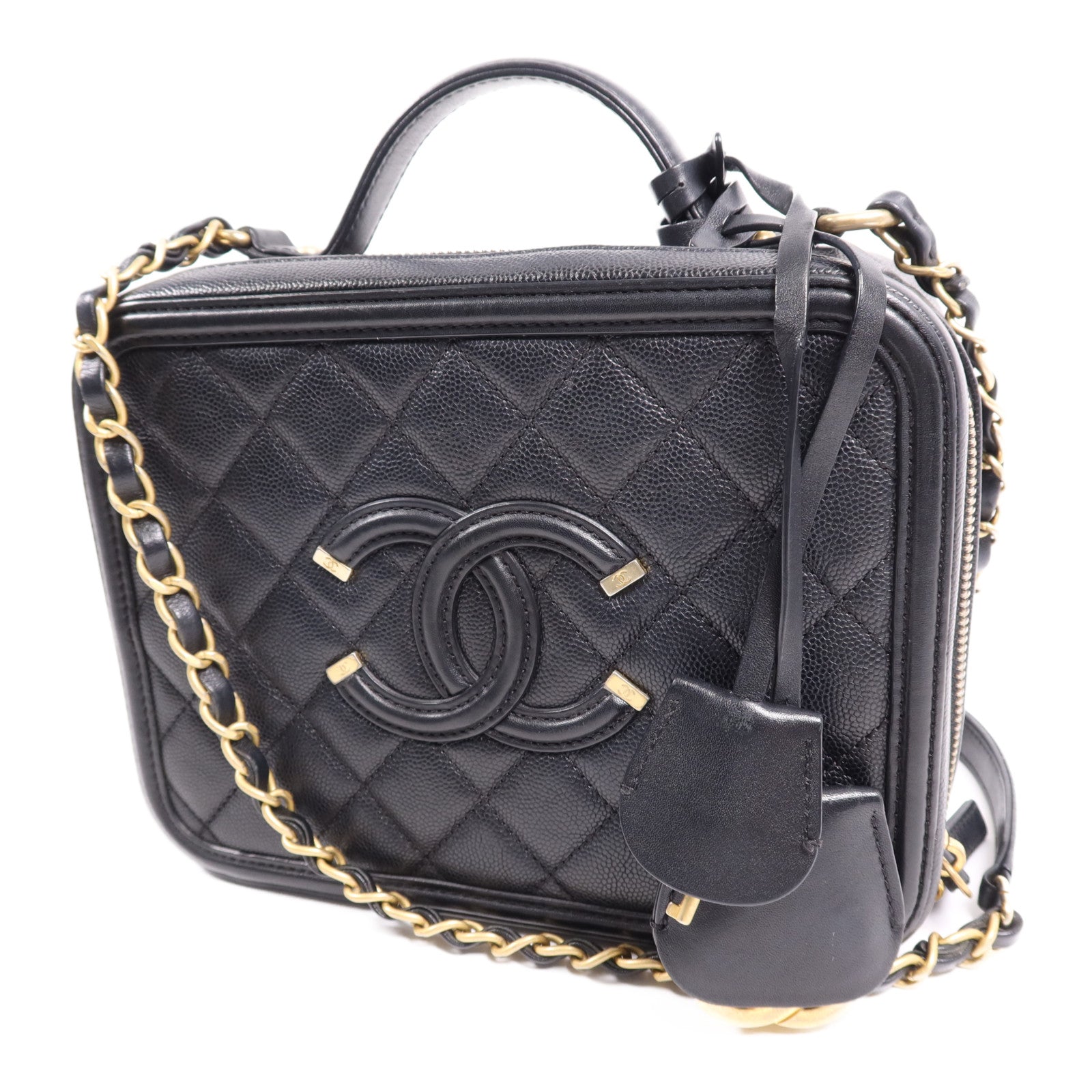 CHANEL 牛皮皮革Filigree Vanity Case金扣鏈帶手挽肩背兩用袋