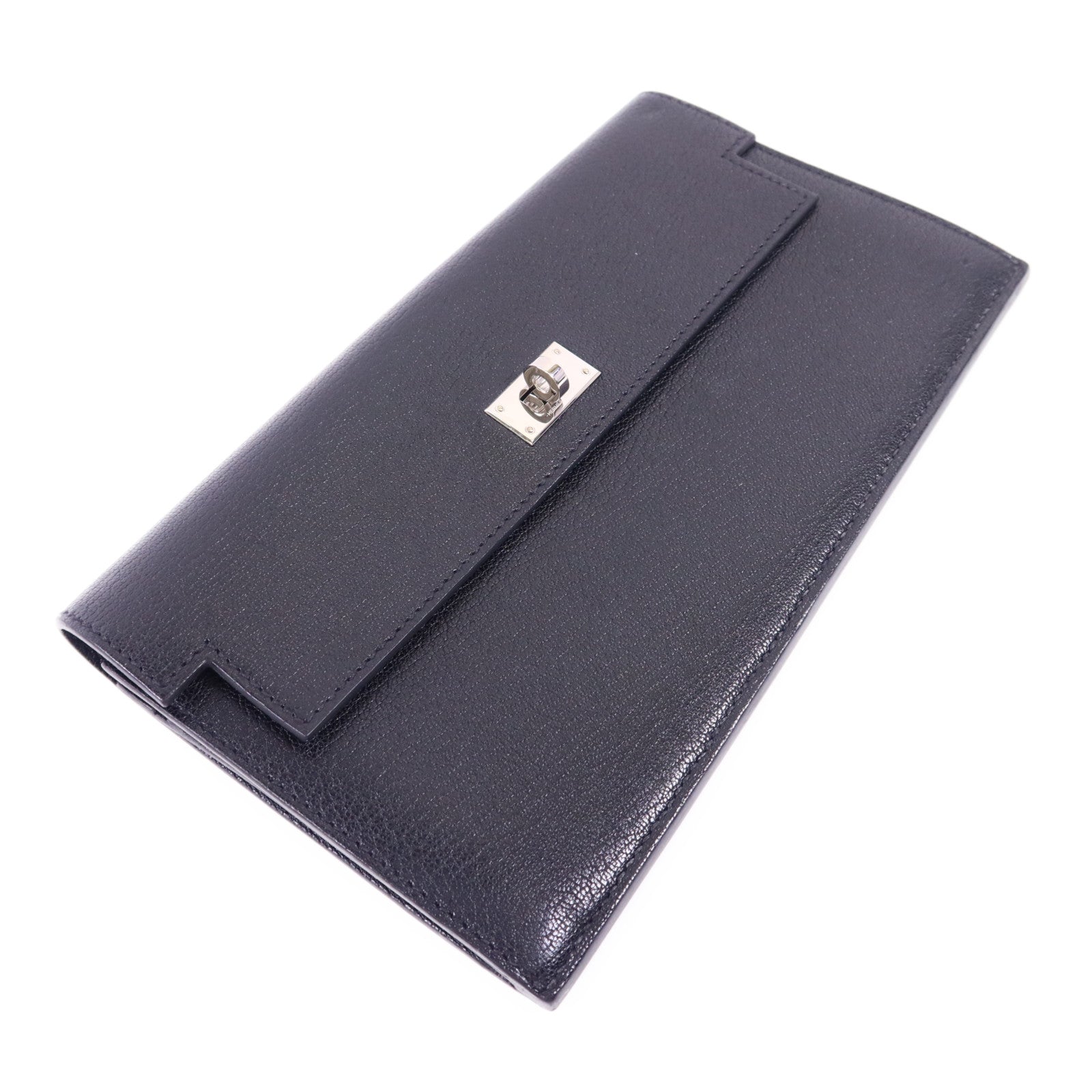 HERMES Chevre皮革Kelly Pocket Long Bifold Wallet銀扣長錢包Noir