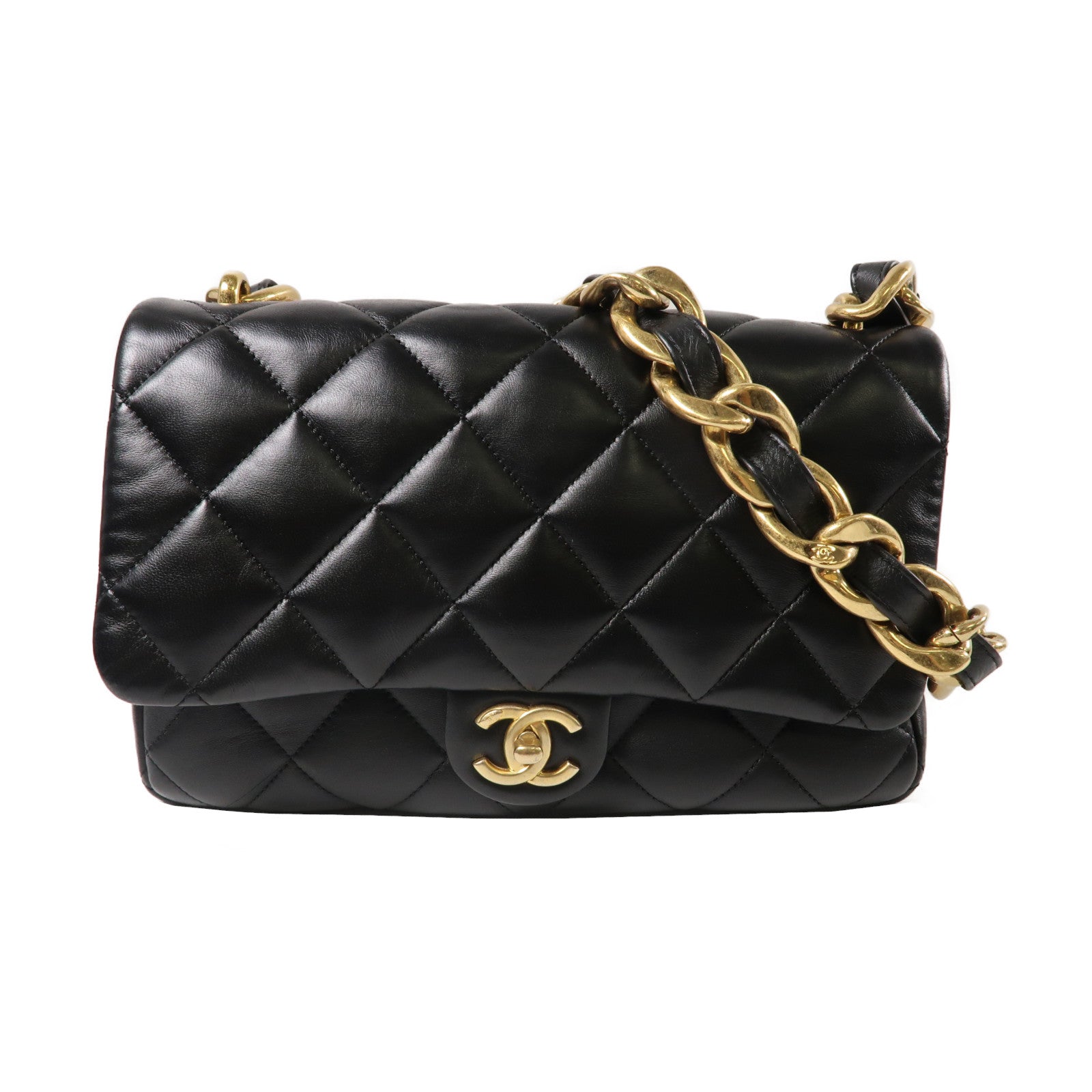 CHANEL 菱格羊皮皮革Chain Shoulder金扣鏈帶肩背袋黑色