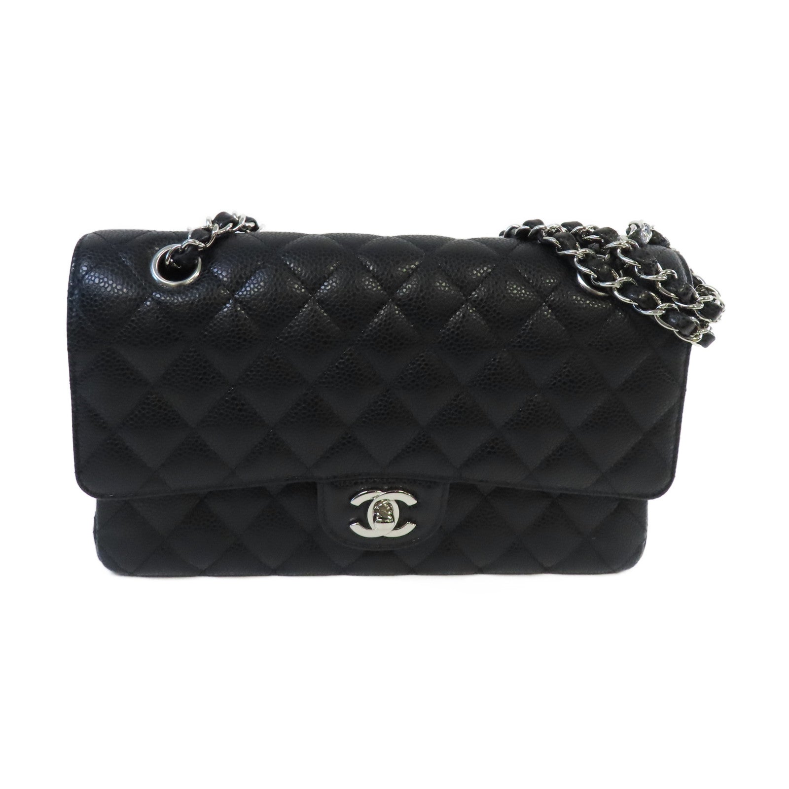 CHANEL 【激減優惠】菱格Caviar皮革Classic Flap 25cm Chain Shoulder Bag銀扣鏈帶肩背袋黑色