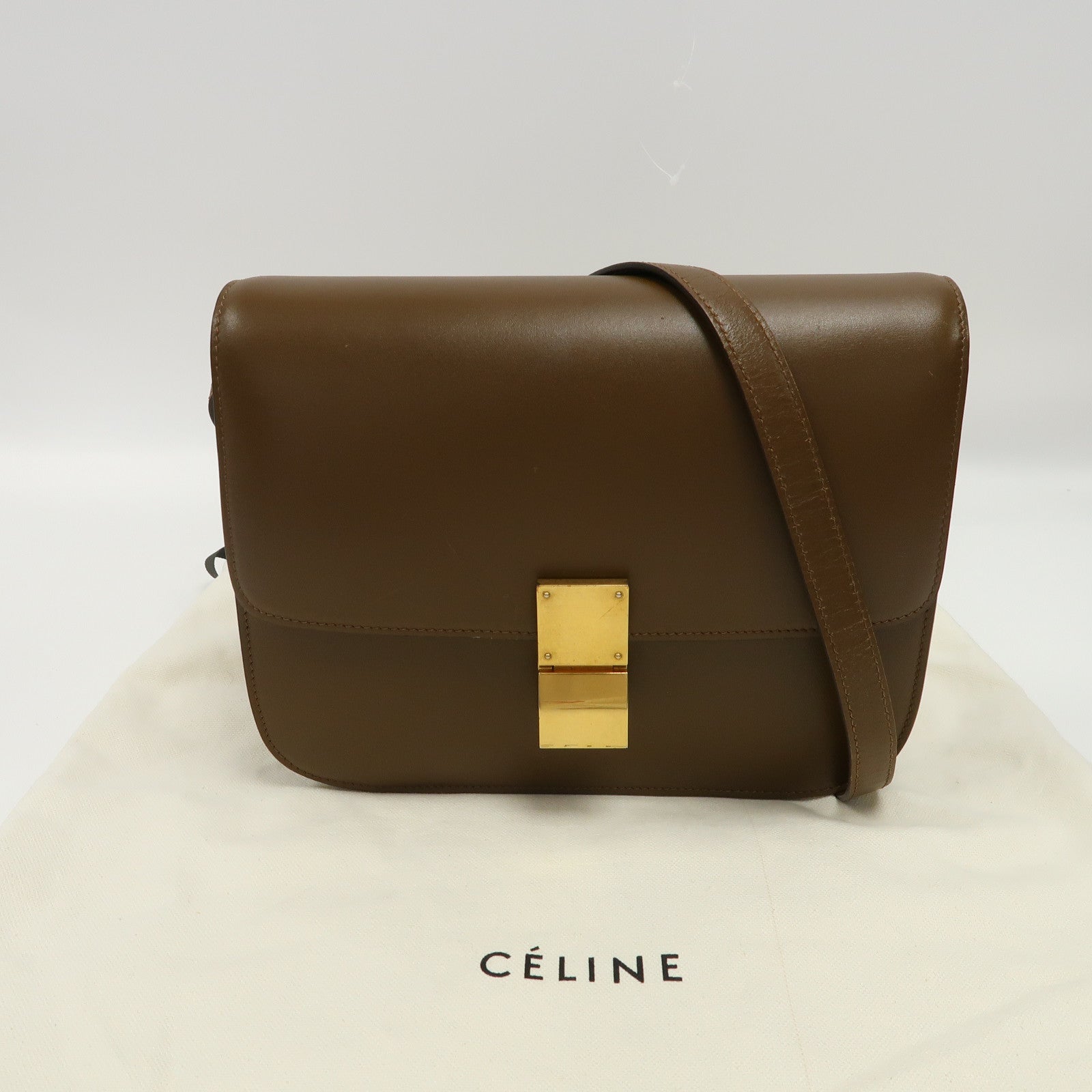 CELINE 牛皮皮革Classic Box金扣肩背袋啡色