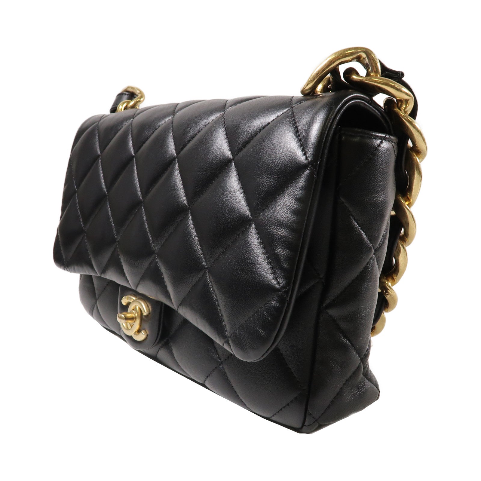 CHANEL 菱格羊皮皮革Chain Shoulder金扣鏈帶肩背袋黑色