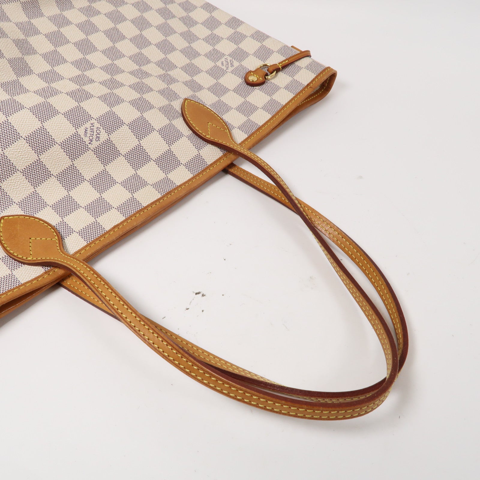 LOUIS VUITTON Damier Azur Neverfull MM金扣手挽袋白色