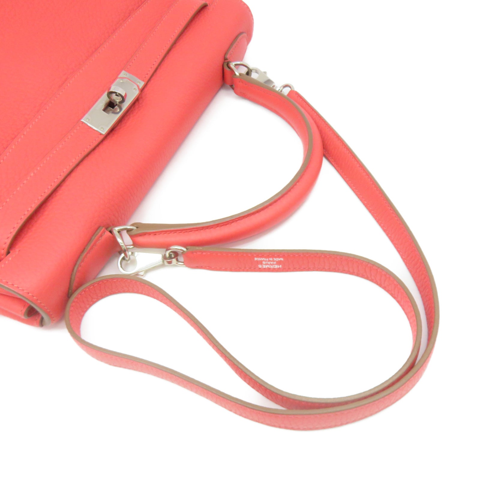 HERMES Clemence Leather Kelly 32 2Way Handbag Silver Buckle Handle Shoulder Backpack T5 Pink