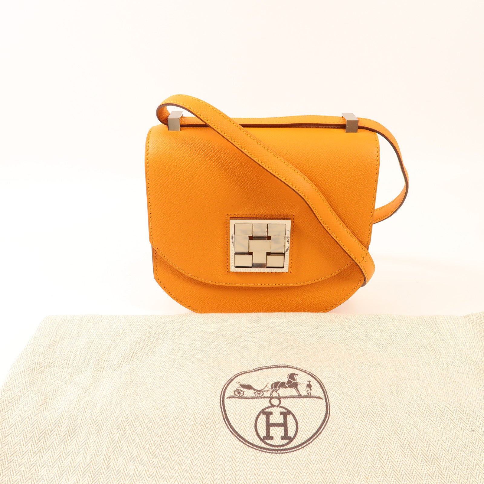 HERMES Epsom皮革Mini Mosaique銀扣肩背袋Abricot
