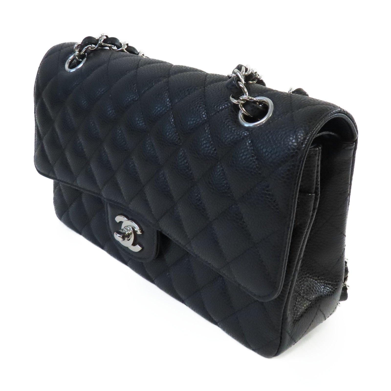 CHANEL 【激減優惠】菱格Caviar皮革Classic Flap 25cm Chain Shoulder Bag銀扣鏈帶肩背袋黑色
