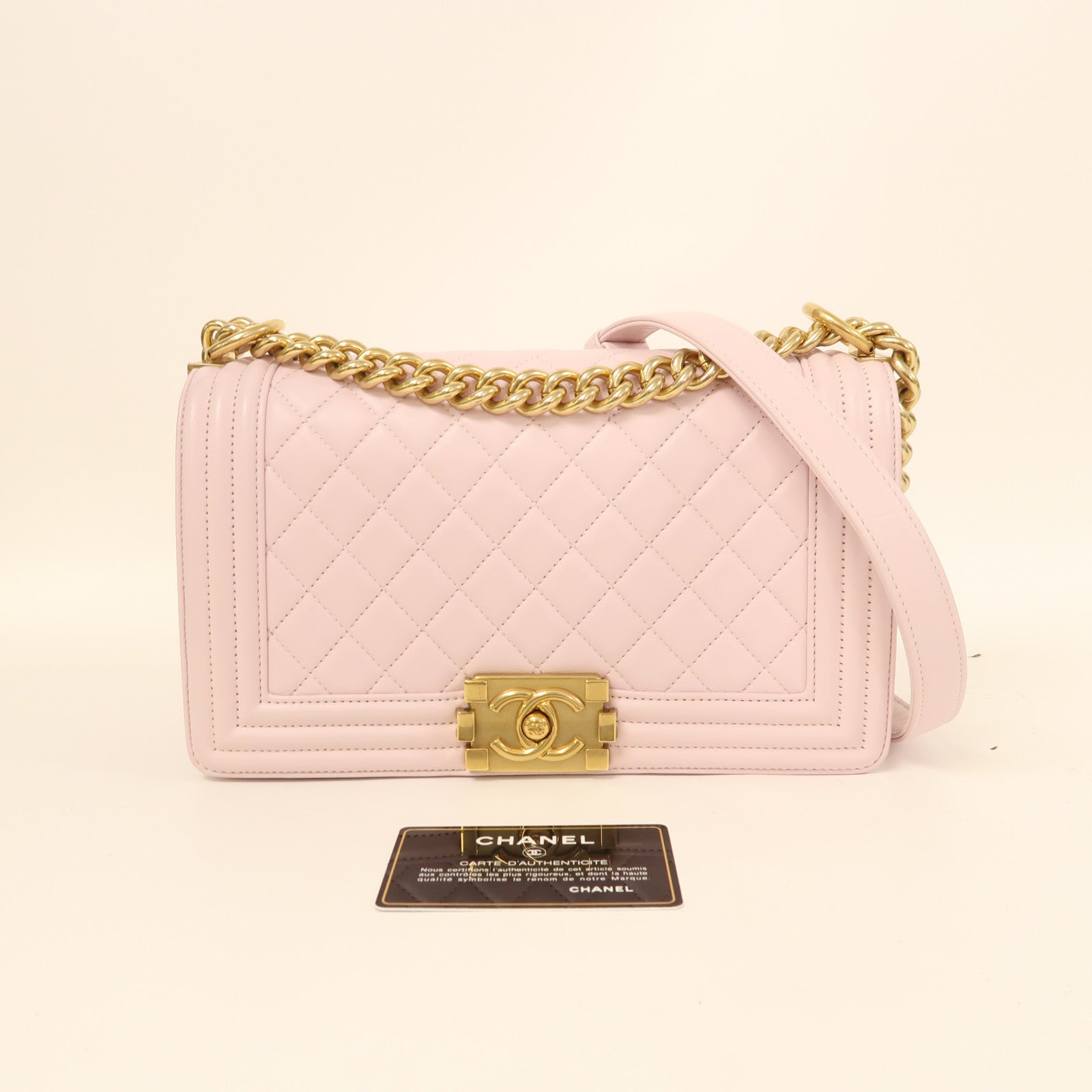 CHANEL 羊皮皮革Boy 25金扣鏈帶肩背袋