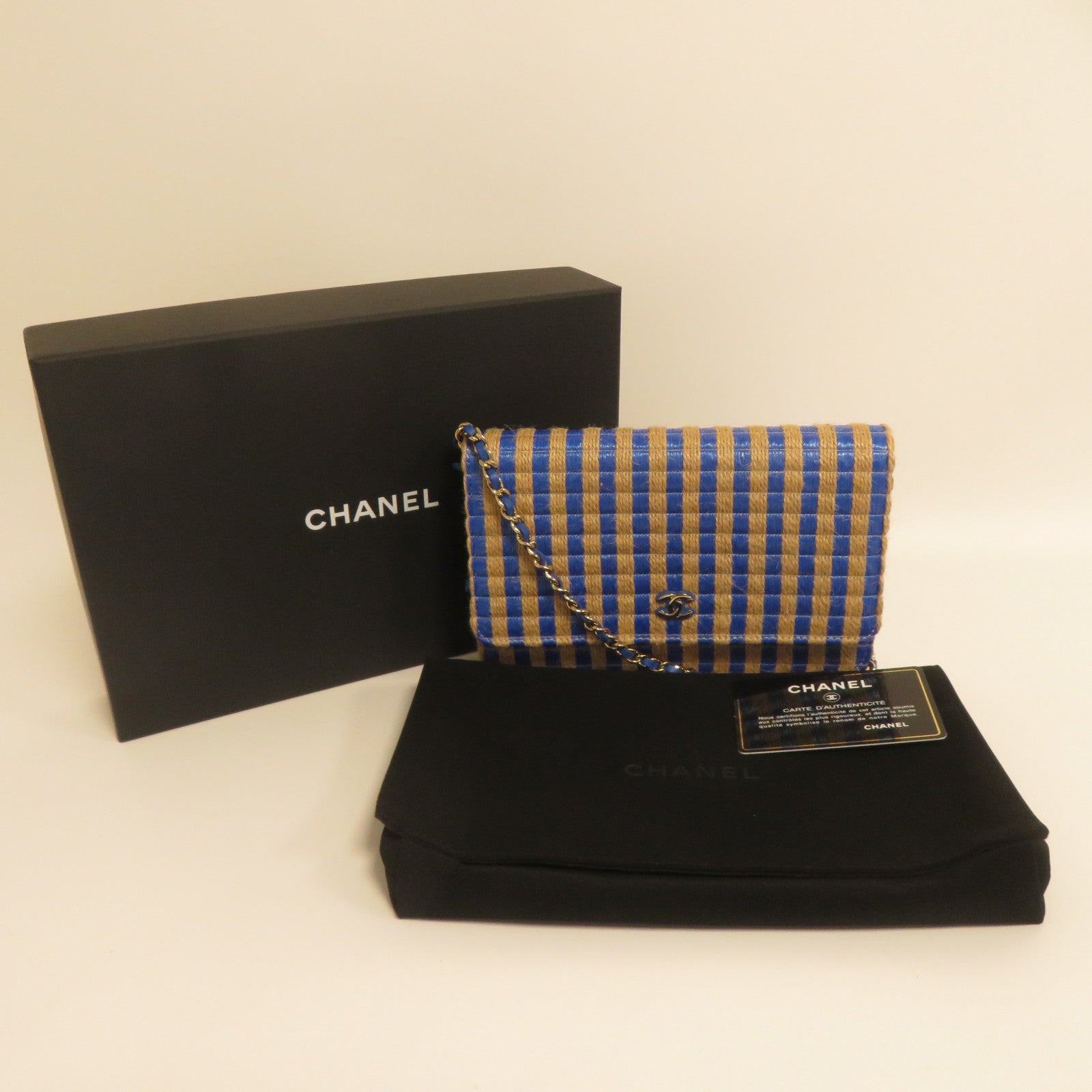 CHANEL 【激減優惠】麻質/皮革Wallet On Chain金扣鏈帶肩背袋米色/藍色