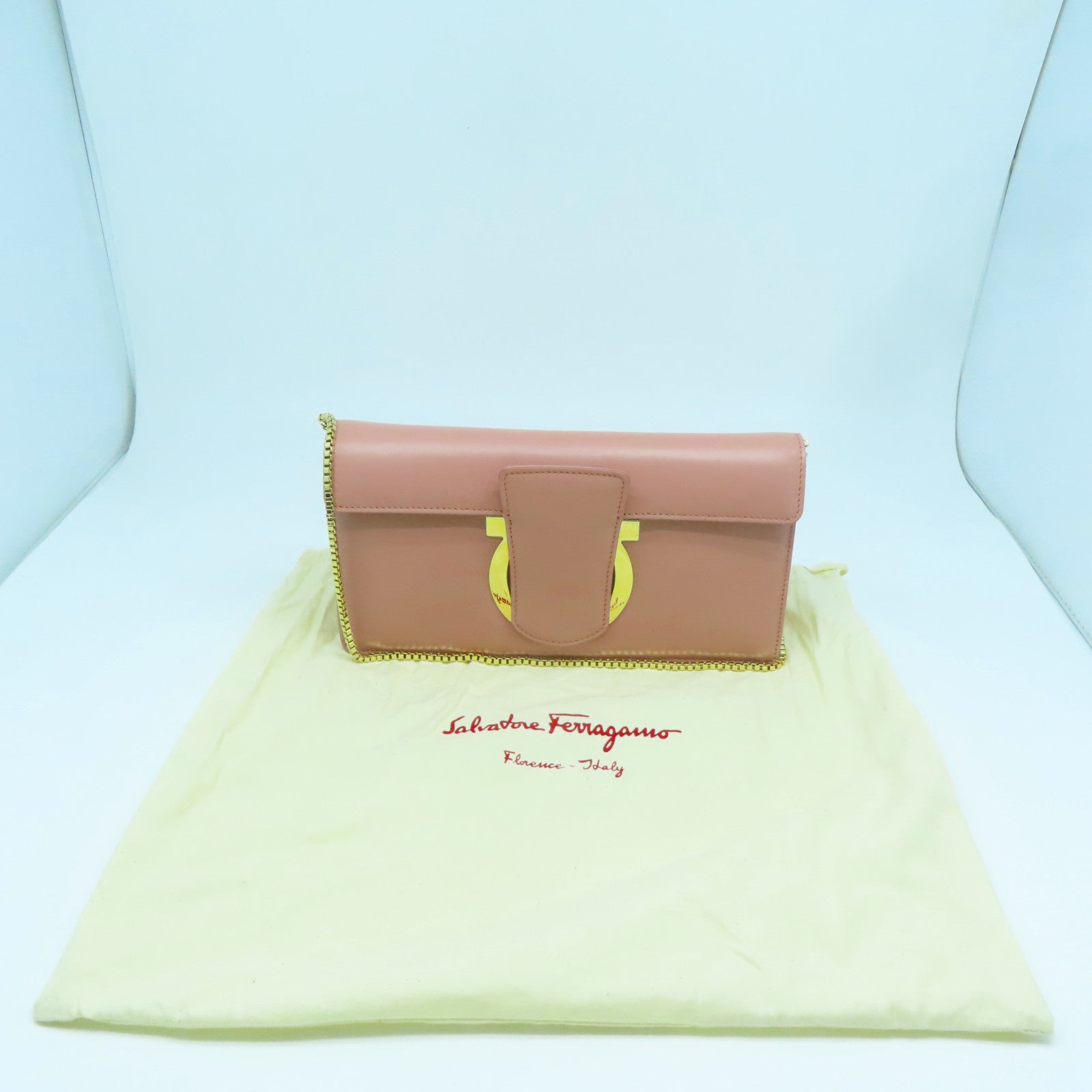 Salvatore Ferragamo 【激減優惠】牛皮皮革Chain Shoulder金扣鏈帶肩背袋粉紅色