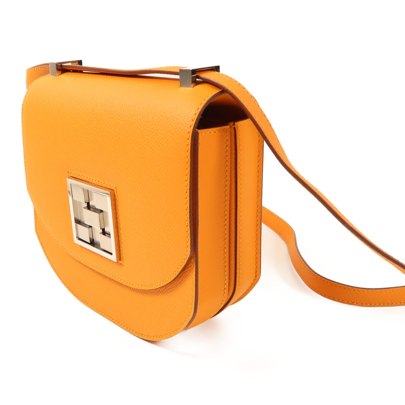 HERMES Epsom皮革Mini Mosaique銀扣肩背袋Abricot