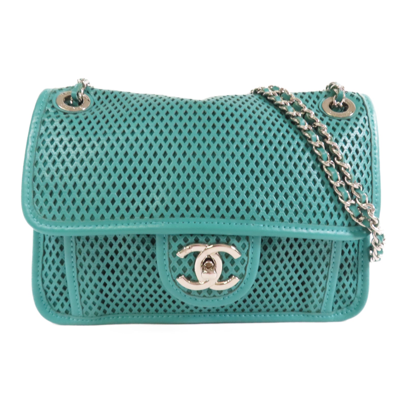 CHANEL 牛皮皮革Chain Shoulder銀扣鏈帶肩背袋綠色