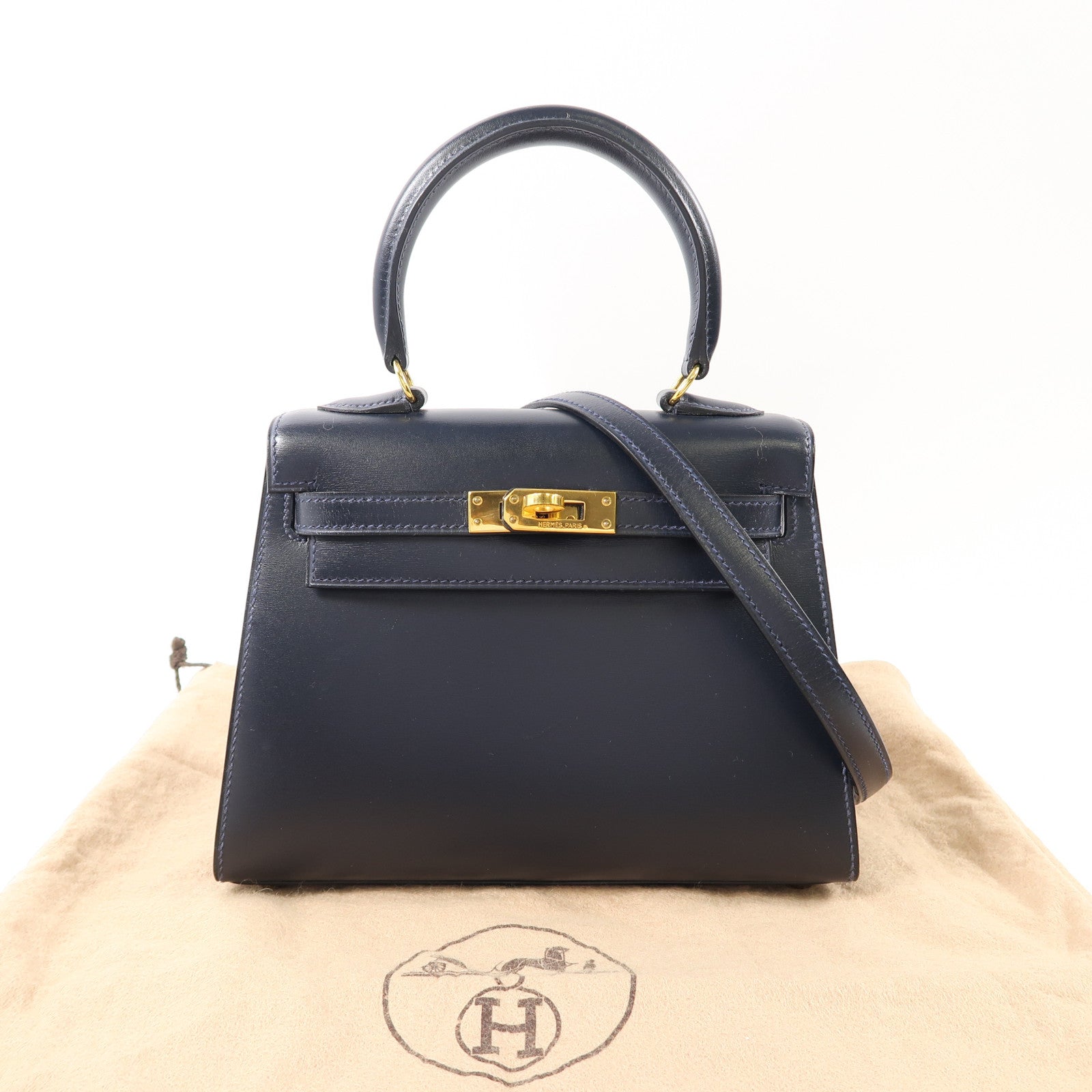 HERMES 【激減優惠】Box Calf皮革Mini Kelly金扣手挽肩背兩用袋Bleu Indigo/深藍色