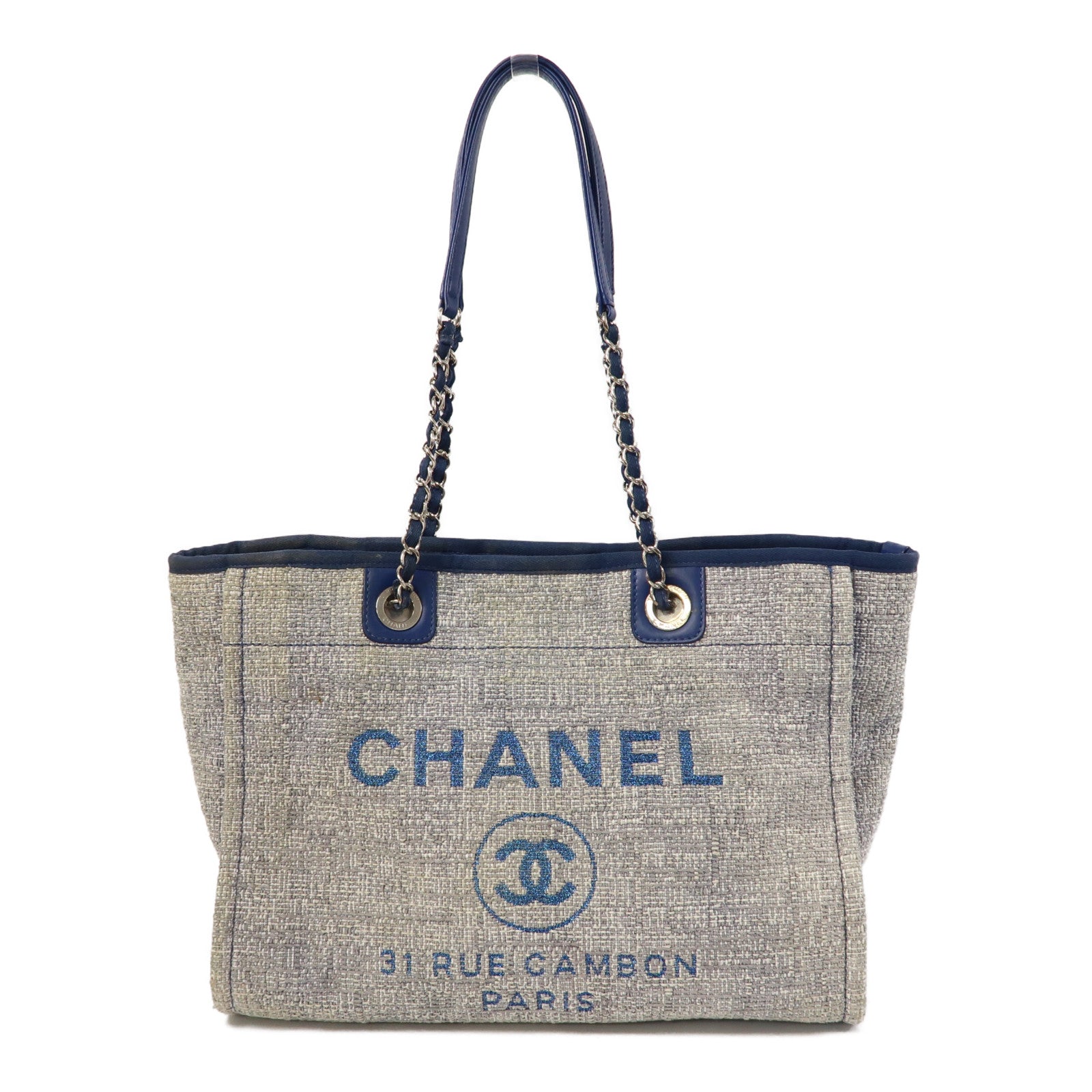 CHANEL 斜紋軟呢Deauville Tote銀扣手挽袋藍色