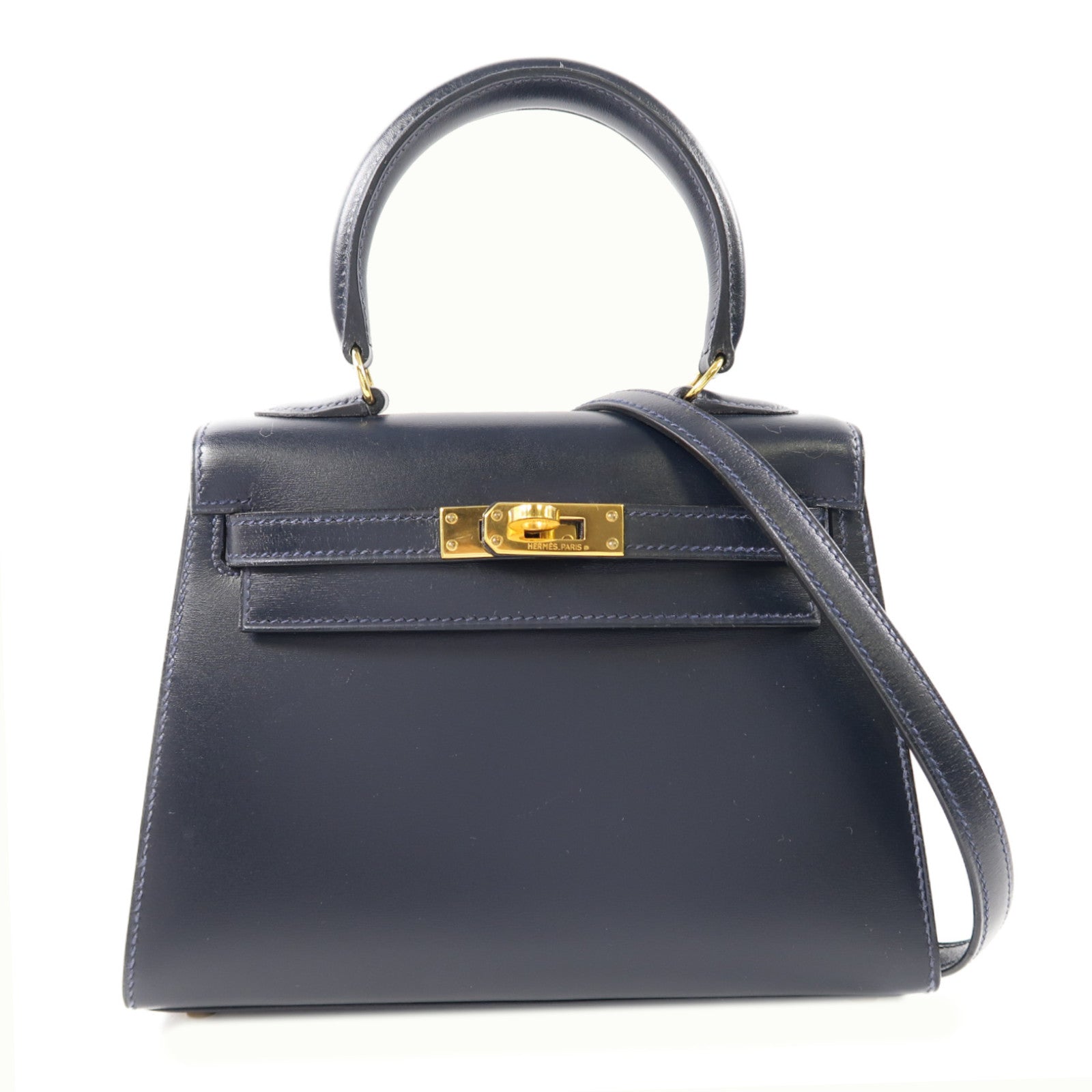 HERMES 【激減優惠】Box Calf皮革Mini Kelly金扣手挽肩背兩用袋Bleu Indigo/深藍色