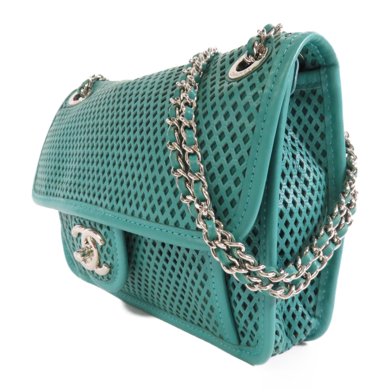 CHANEL 牛皮皮革Chain Shoulder銀扣鏈帶肩背袋綠色