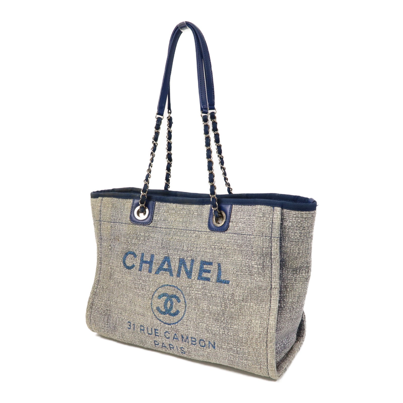 CHANEL 斜紋軟呢Deauville Tote銀扣手挽袋藍色