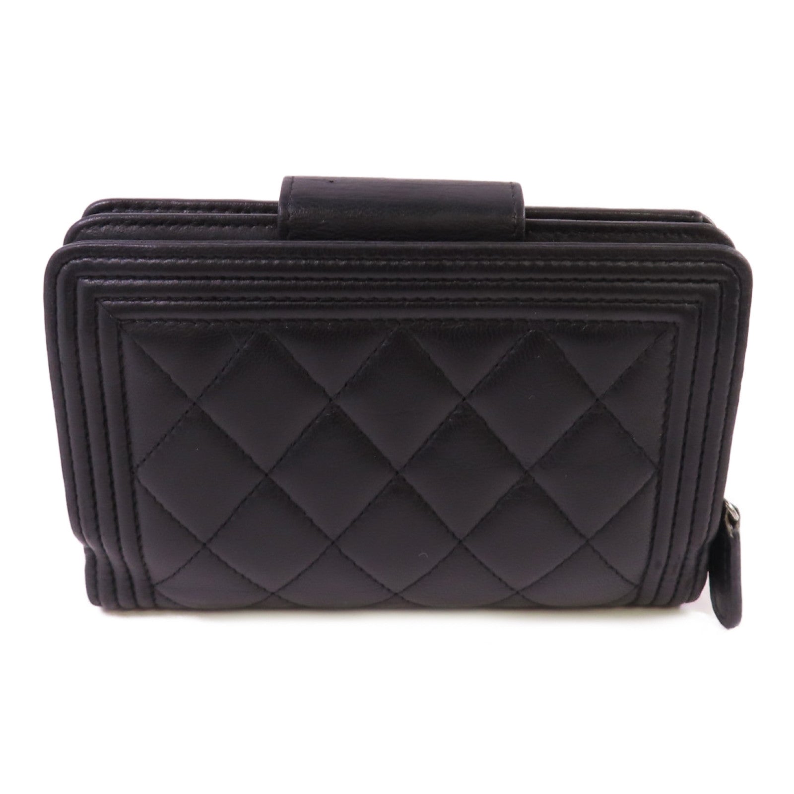 CHANEL 菱格羊皮皮革Middle Wallet銀扣短錢包黑色