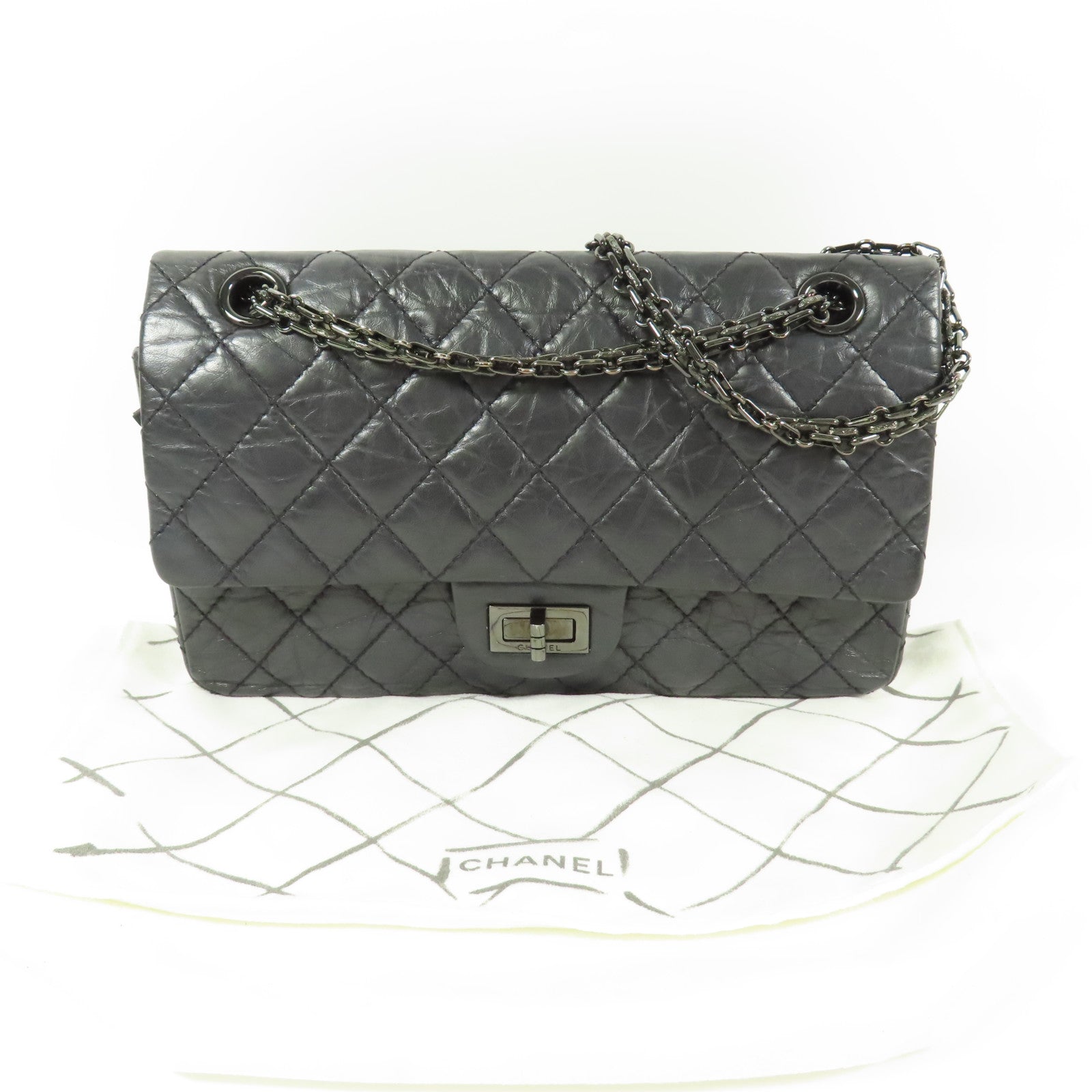 CHANEL CC 2.55 Chain Shoulder Bag Calfskin Leather Black