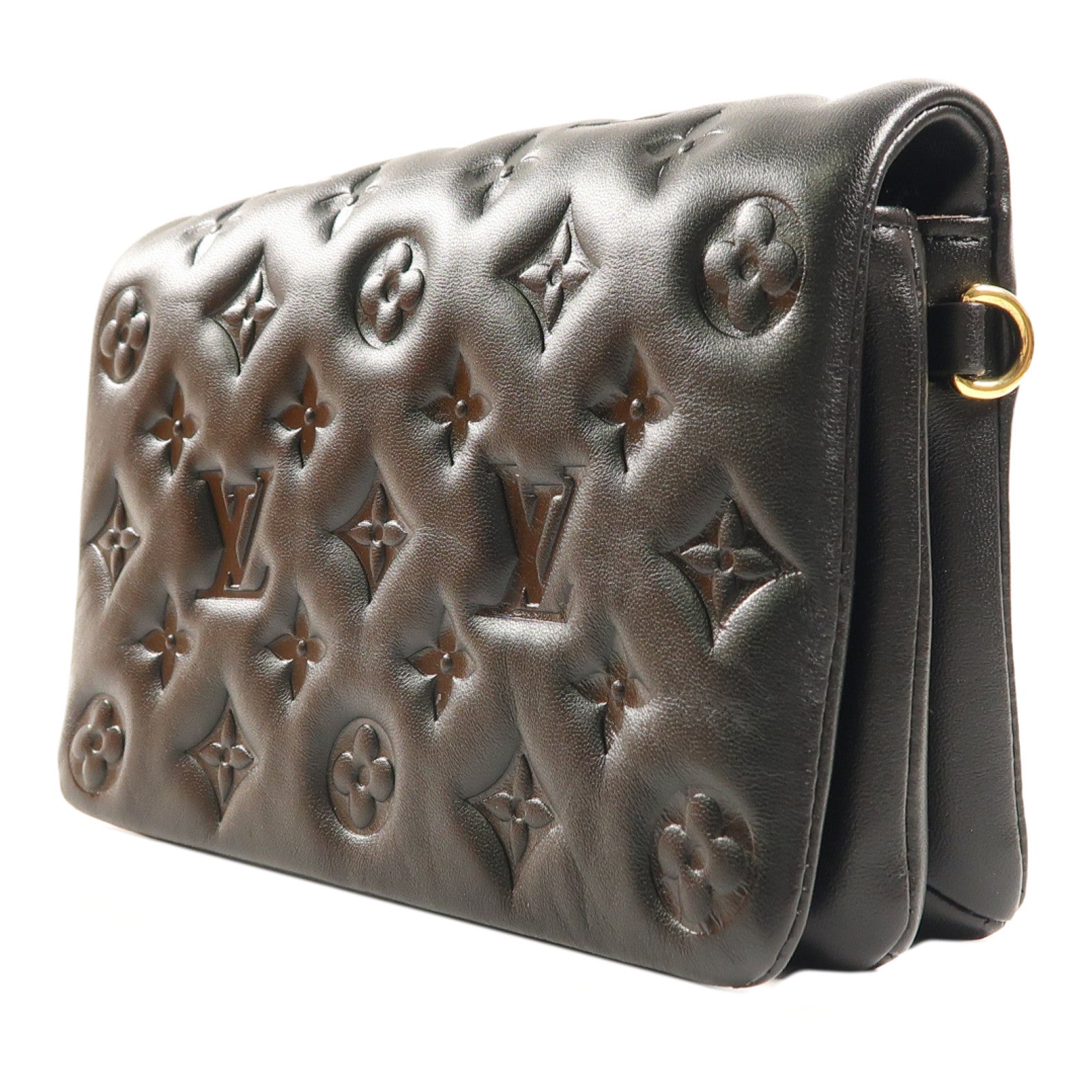 LOUIS VUITTON Monogram Embossed Pochette Coussin金扣鏈帶肩背袋黑色