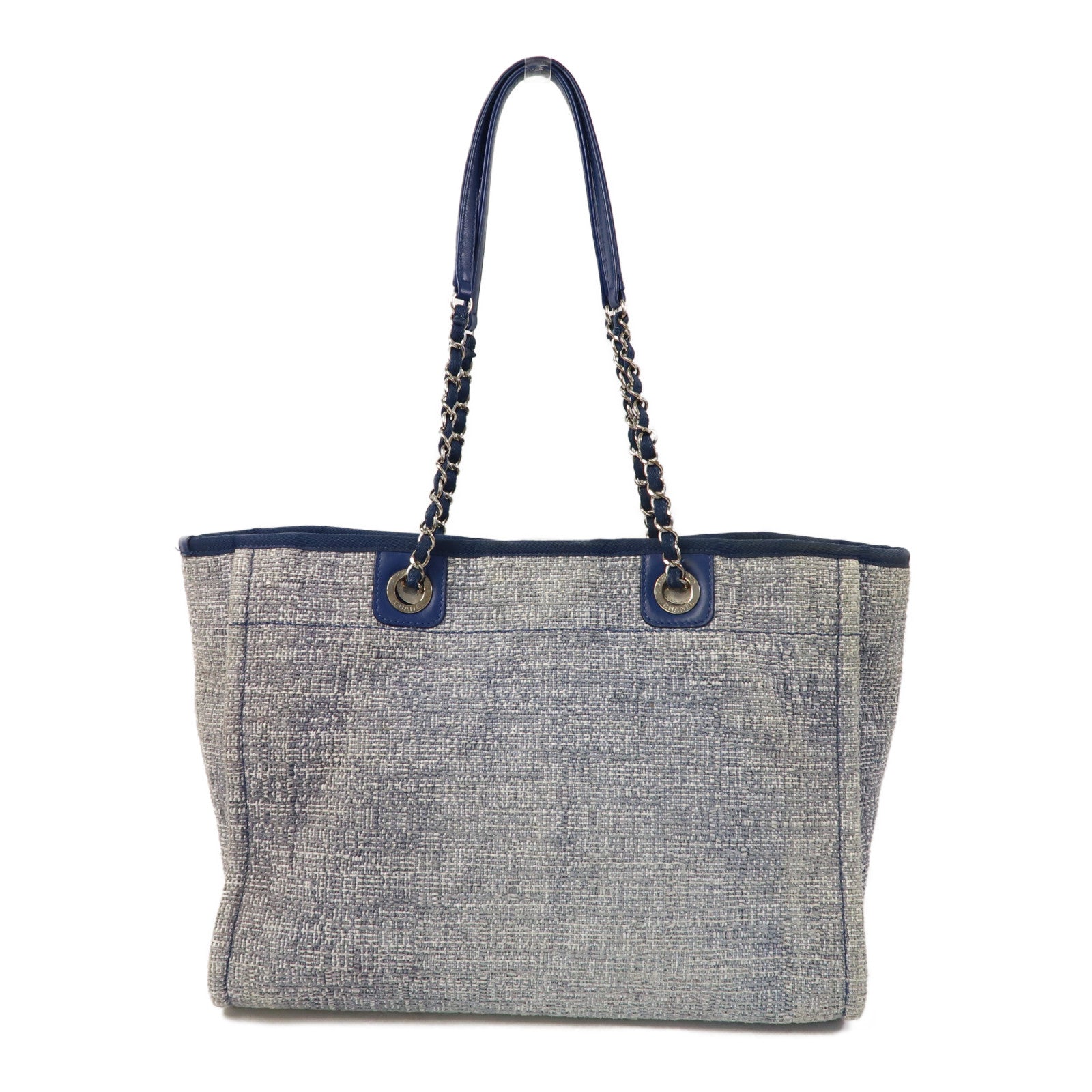CHANEL 斜紋軟呢Deauville Tote銀扣手挽袋藍色