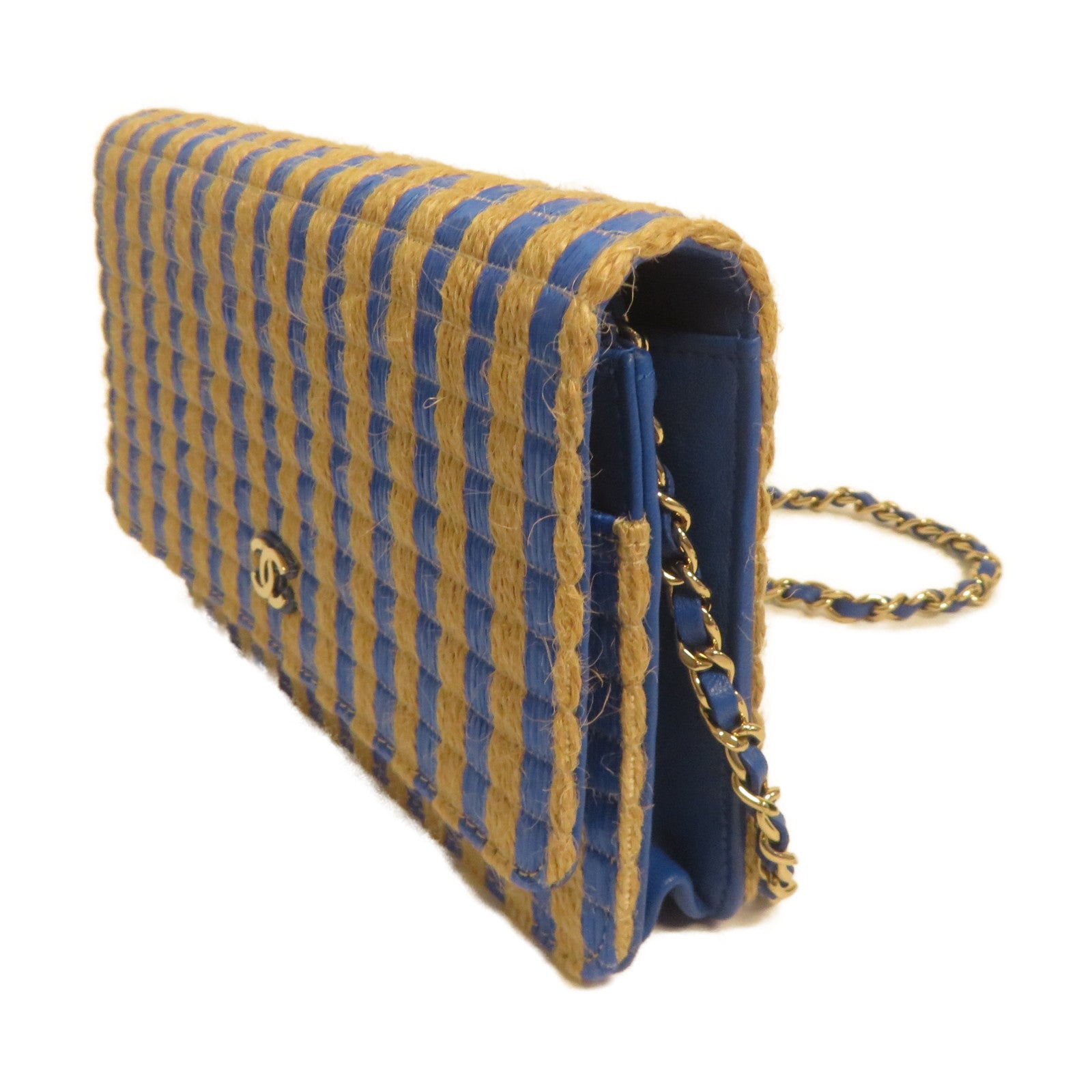 CHANEL 【激減優惠】麻質/皮革Wallet On Chain金扣鏈帶肩背袋米色/藍色