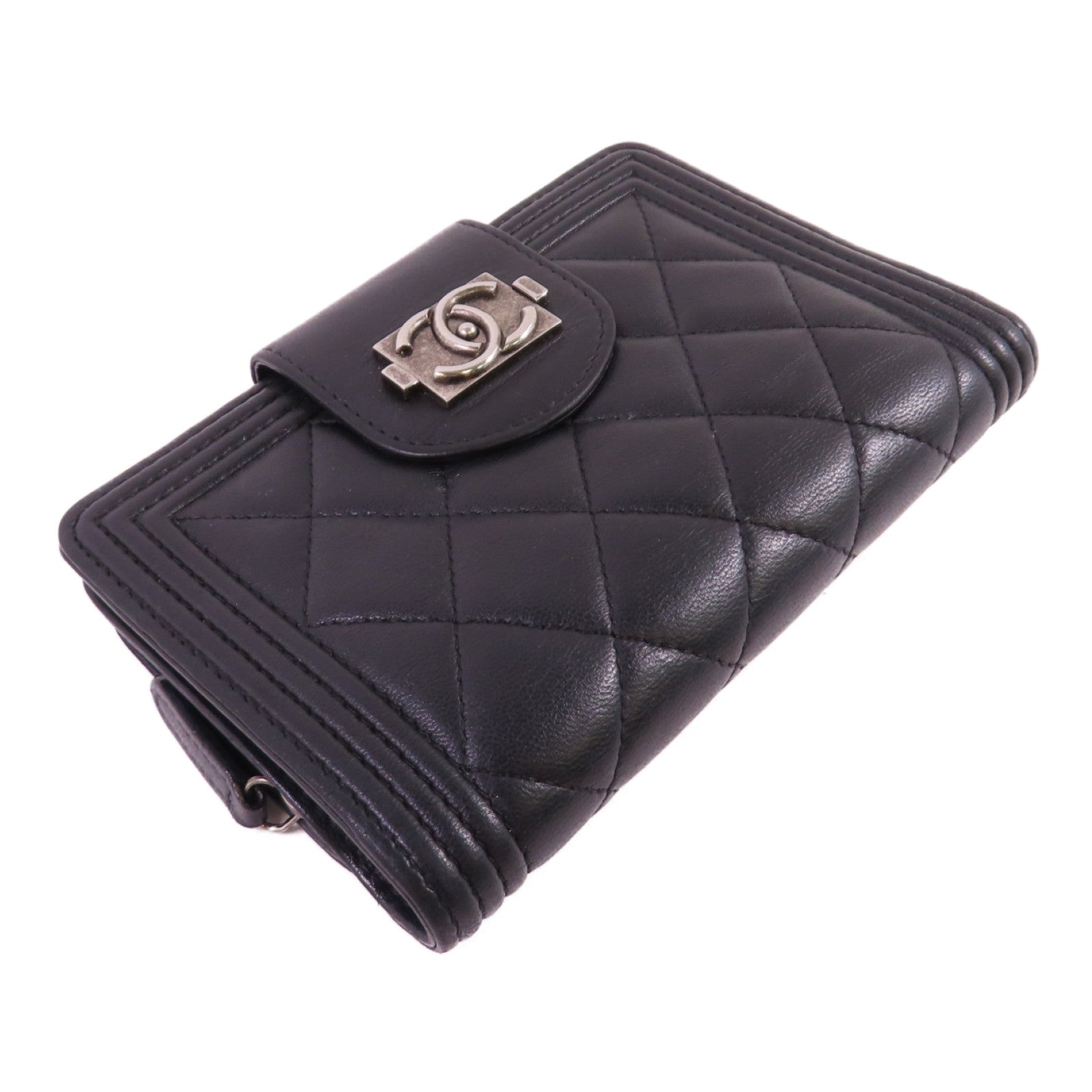 CHANEL 菱格羊皮皮革Middle Wallet銀扣短錢包黑色