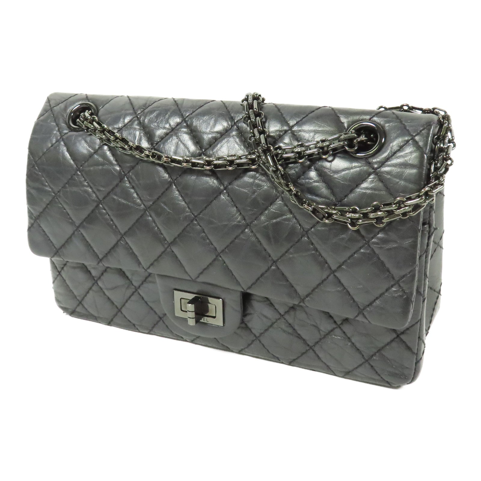 CHANEL CC 2.55 Chain Shoulder Bag Calfskin Leather Black